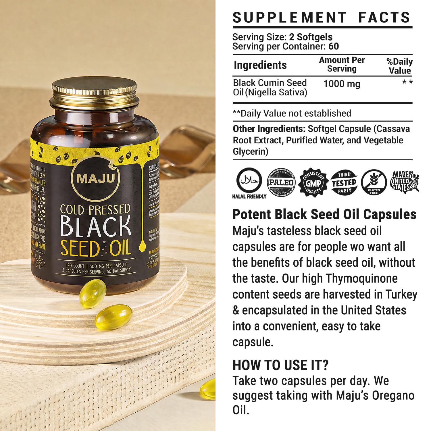 Maju Superfoods Black Seed Oil Capsules, Strong Cold Pressed, 3X Thymoquinone, 100% Turkish Black Cumin Nigella Sativa Seed, Organic BSO, Liquid Blackseed, 120 Count, 500mg per Capsule — Amazon image 7
