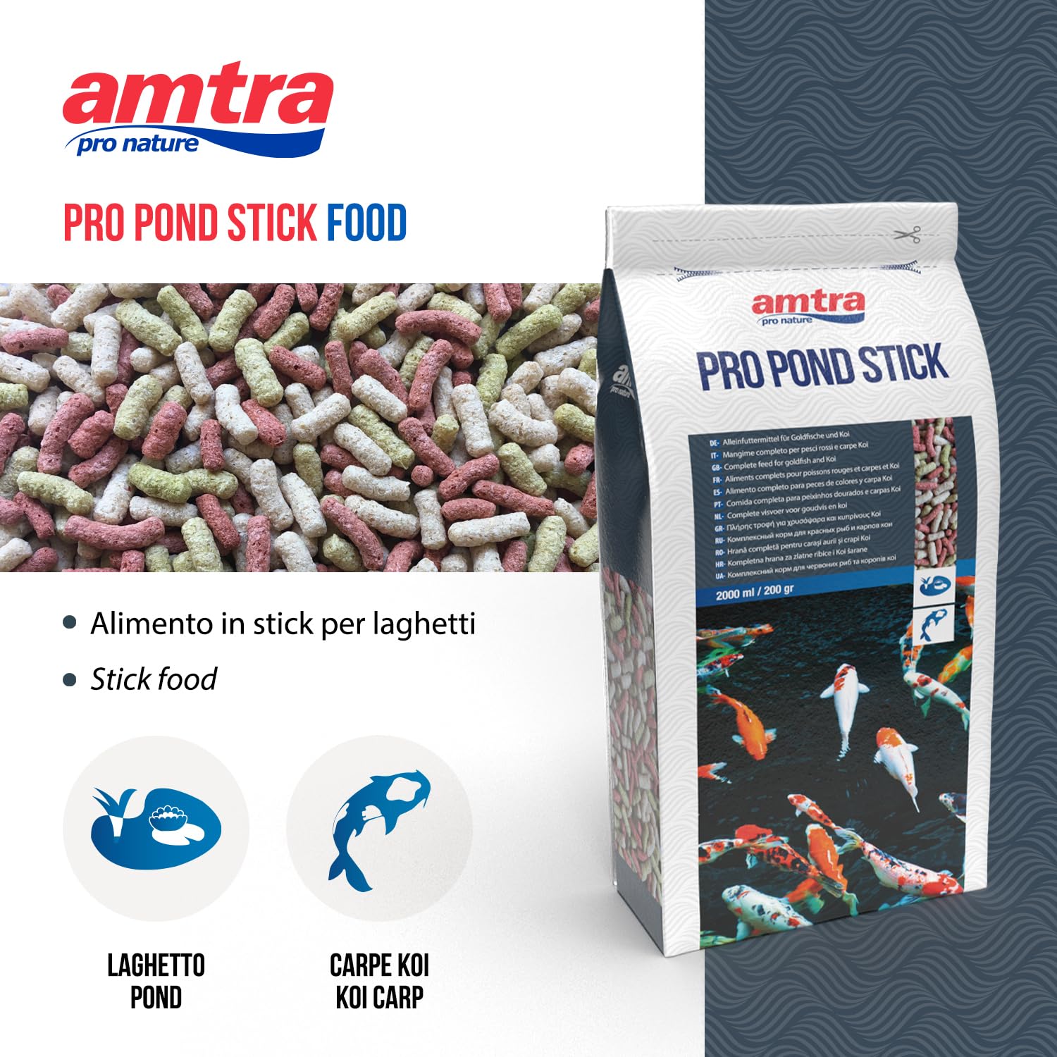 Amtra Pro Pod Stick - Mangime completo per carpe koi, pesci rossi d'acquario e laghetti ornamentali, in stick galleggianti di 12-14 mm, 2 litri