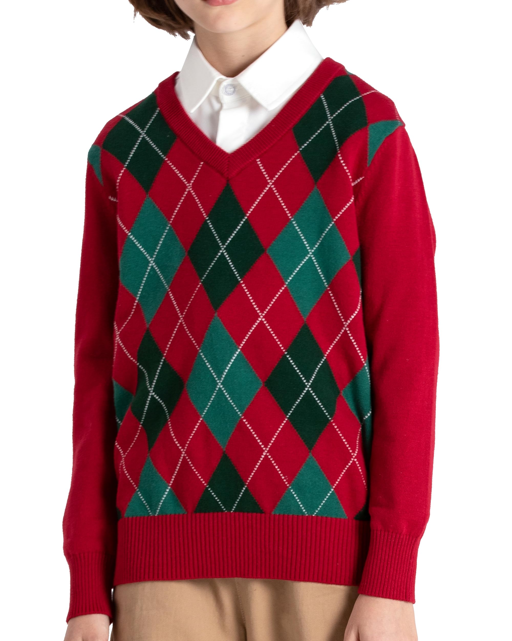 BOBOYOYO Boys Argyle Sweater Kids Christmas Sweater 100% Cotton V-Neck Uniform Sweater Pullover for Size 5-12 Y