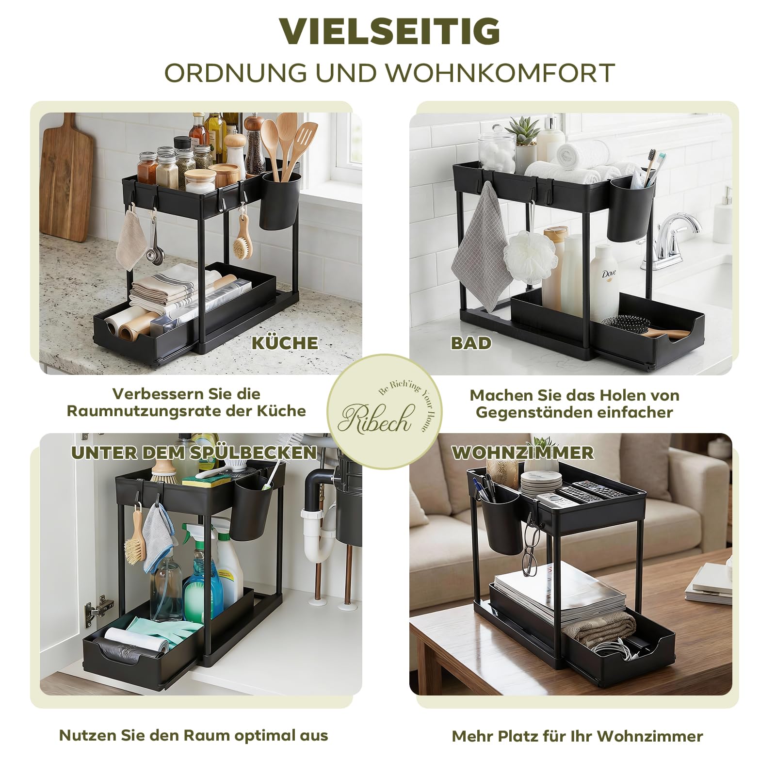 Unter Waschbecken Regal Spülschrank Organizer, 2 Etagen Standregal Küche Arbeitsplatte Regal Organizer, Mehrfunktional Küchenregal Gewürzregal Unterschrankregal Spülschrankregal, Schwarz