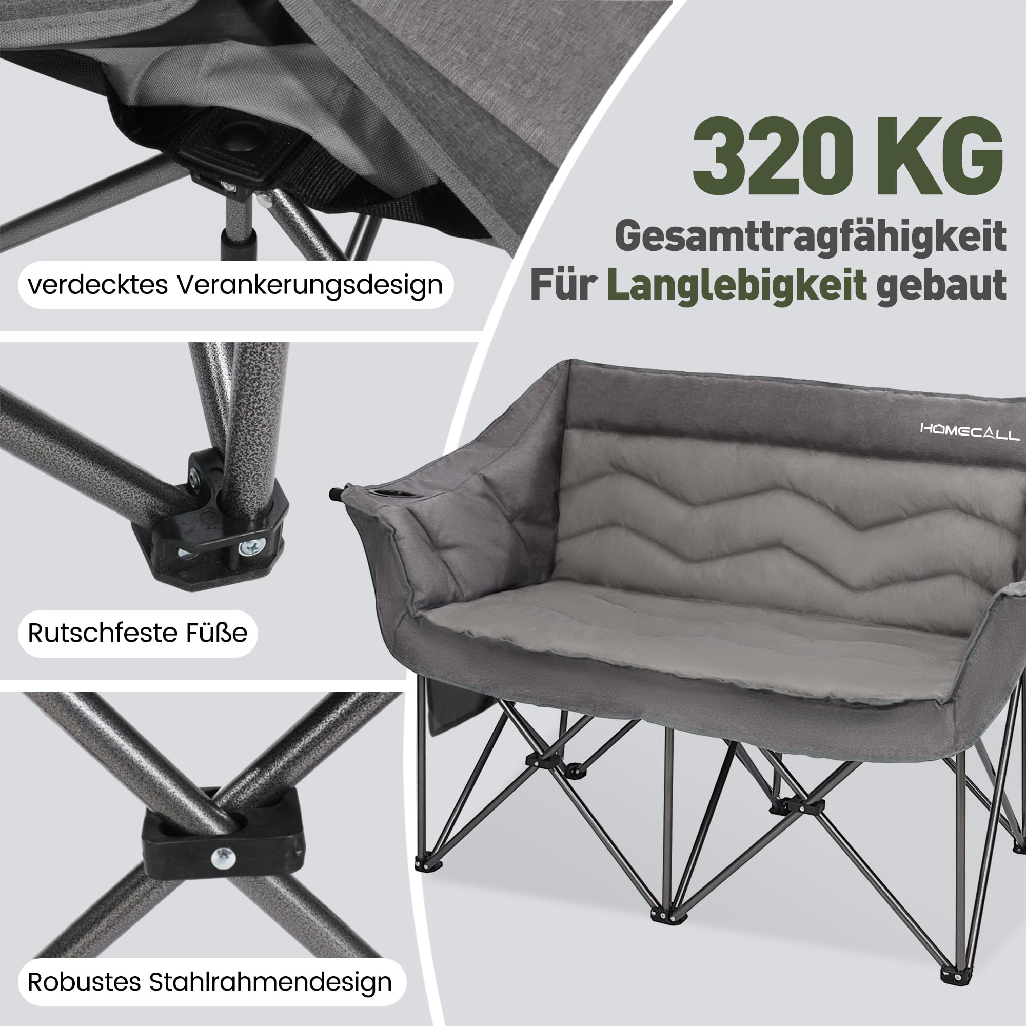 Homecall Podwójne krzesło kempingowe dla dorosłych – wytrzymała, składana sofa dwuosobowa (obciążenie do 320 kg), wyściełana sofa kempingowa dla 2 osób, przenośna, idealna na kemping, do ogrodu i