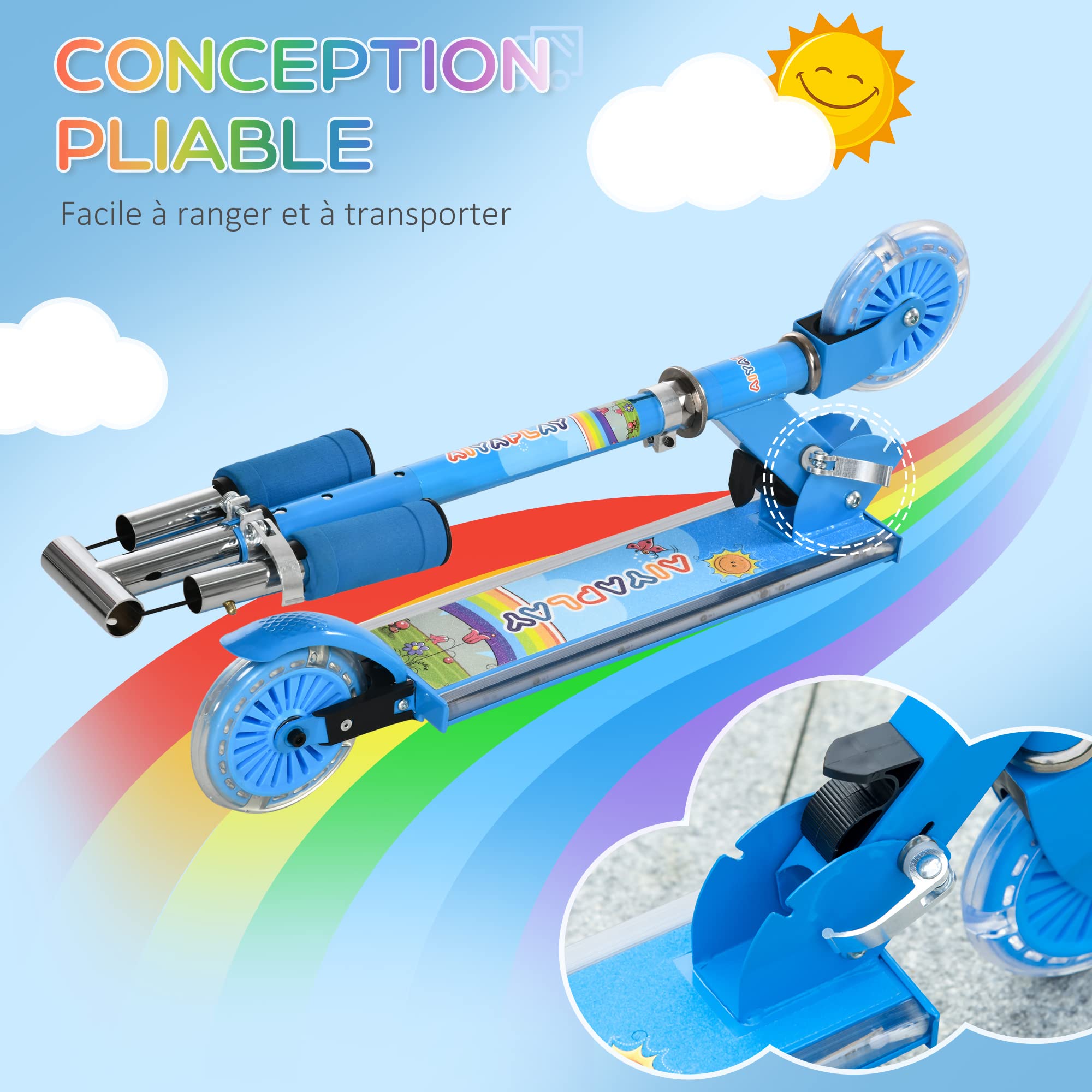 HOMCOM Trottinette pour Enfants de 3 à 7 Ans, Roues légères et Pliables en PU, 12 lumières LED, Musique, 4 Niveaux de réglage de la Hauteur du Guidon, Frein à Friction, Bleu