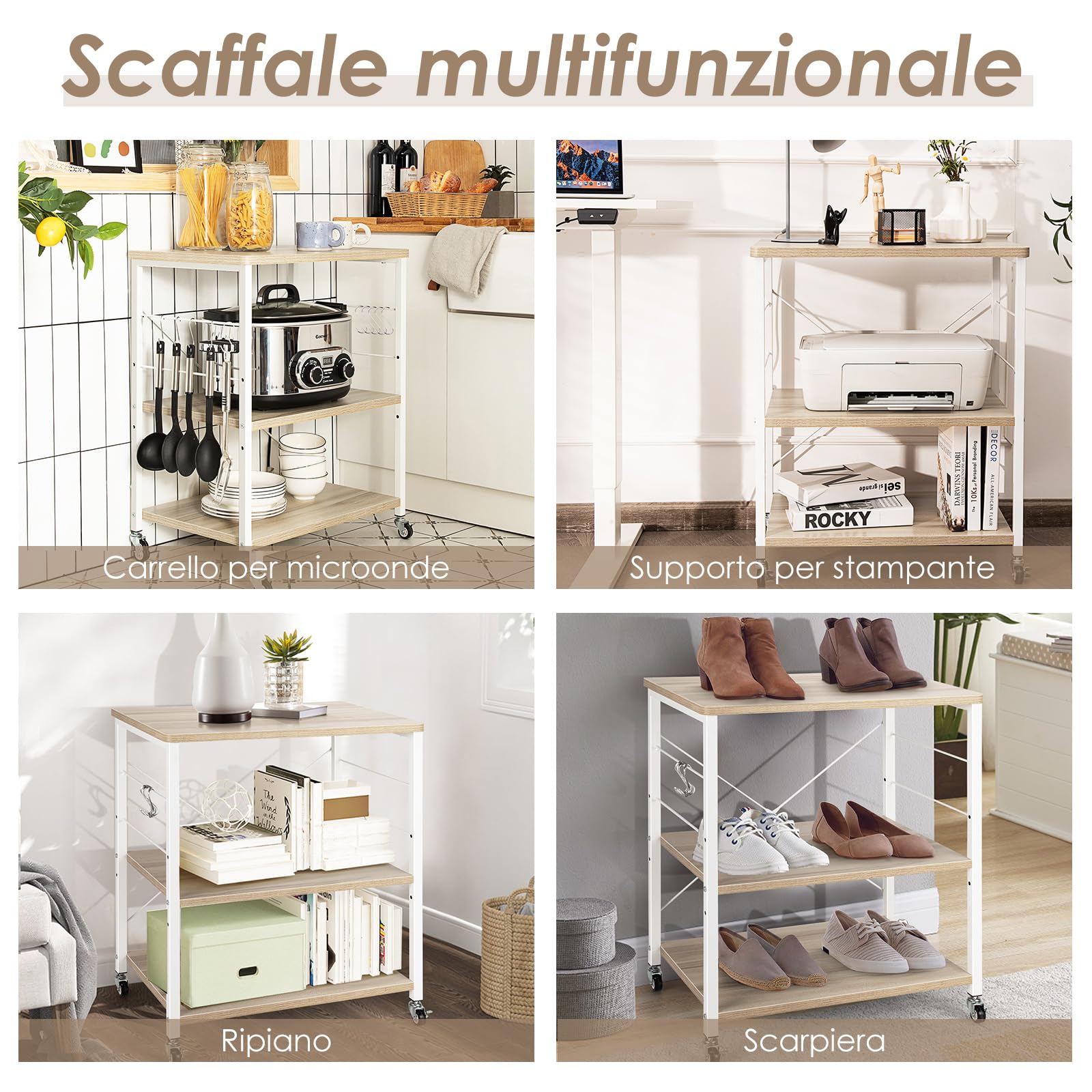 COSTWAY Carrello da Cucina con 10 Ganci Rimovibili, Scaffale per Pasticceria con 3 Livelli, Scaffale con Struttura di Metallo con Ruote Bloccabili per Bar Ristorante Hotel, 60 x 40 x 73,5 cm (Beige)