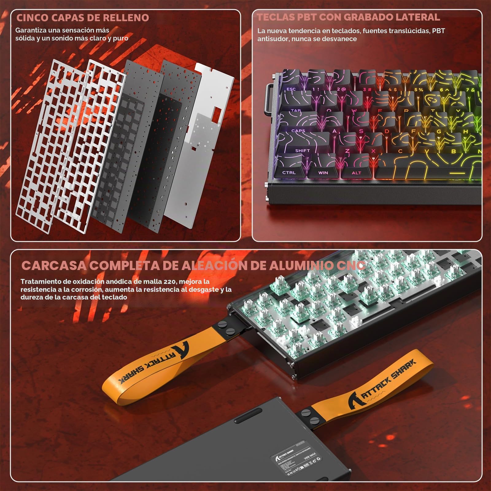 ATTACK SHARK X68MAX HE Teclado de Aluminio CNC Completo, 8KHz Rapid Trigger, Accionamiento Ajustable 0.005mm, Gaming RGB Cableado con Interruptor Magnético, Snap Tap,Cable C01Ultral (Contornos Negro)