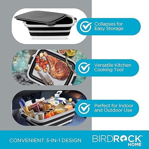 Miniatura 5 de BIRDROCK HOME Tina plegable grande de preparación para barbacoa con tabla de cortar, organizador de parrilla multifunción con colador y tapa, cuenco