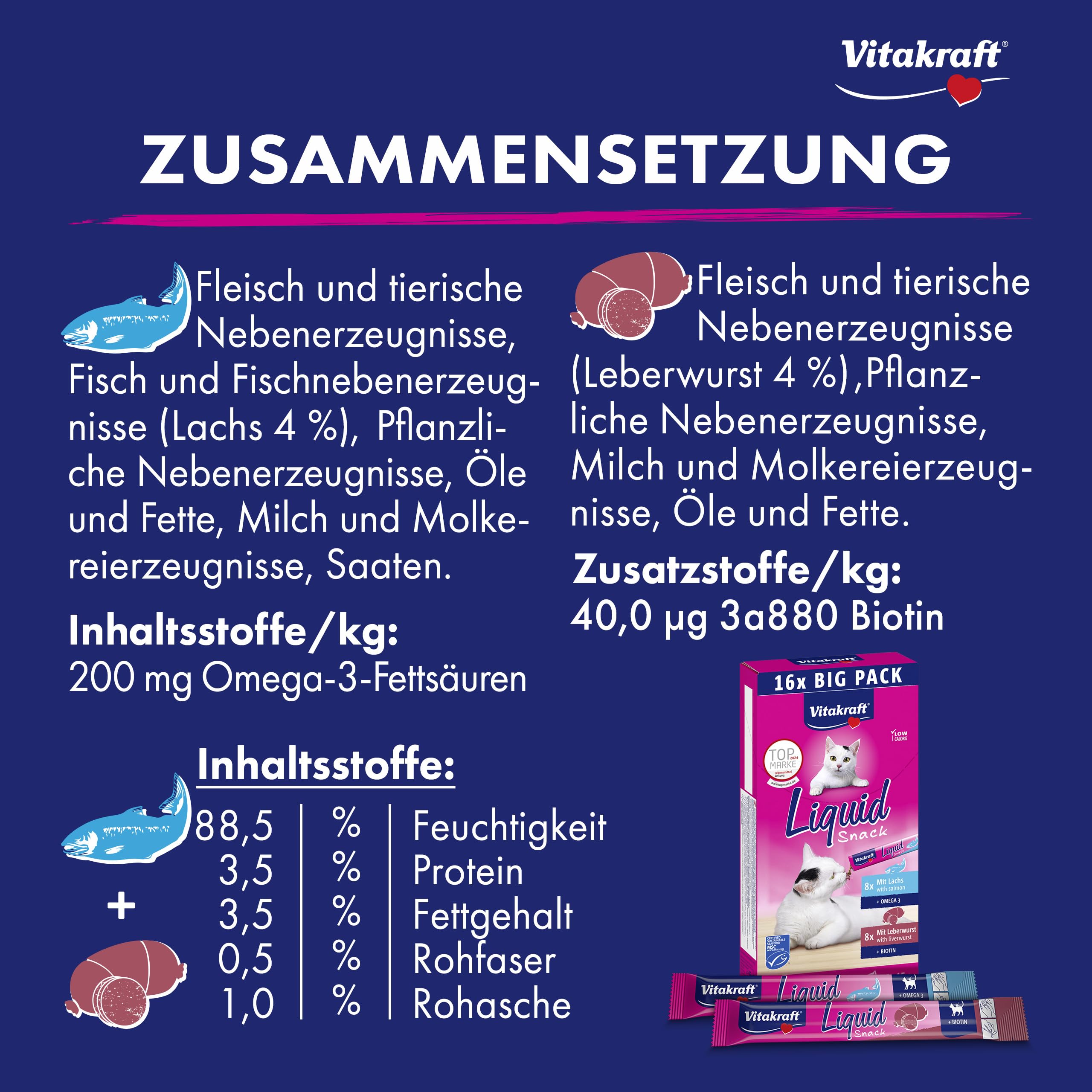 Vitakraft Liquid Snack, golosina para gatos, snack cremoso para gatos, con salchicha de hígado y biotina, con salmón y omega 3, en bolsitas individuales, 1 paquete de almacenamiento (16x 15g)