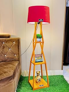 Hopdezyo Storage Shelf Floor Lamp with Red Shade – Italian Wooden Design for Living Room, Bedroom, Office – Pack of 1 Price In India