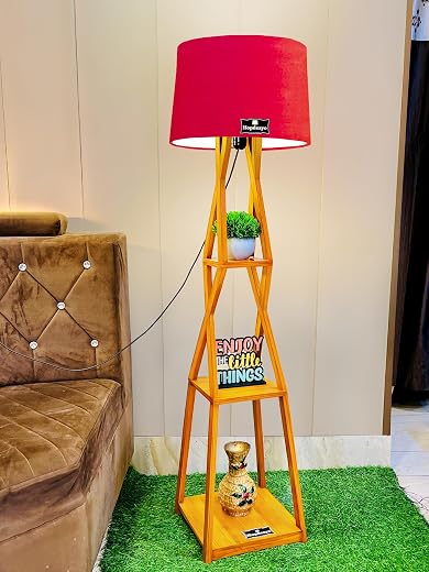 Hopdezyo Storage Shelf Floor Lamp with Red Shade – Italian Wooden Design for Living Room, Bedroom, Office – Pack of 1