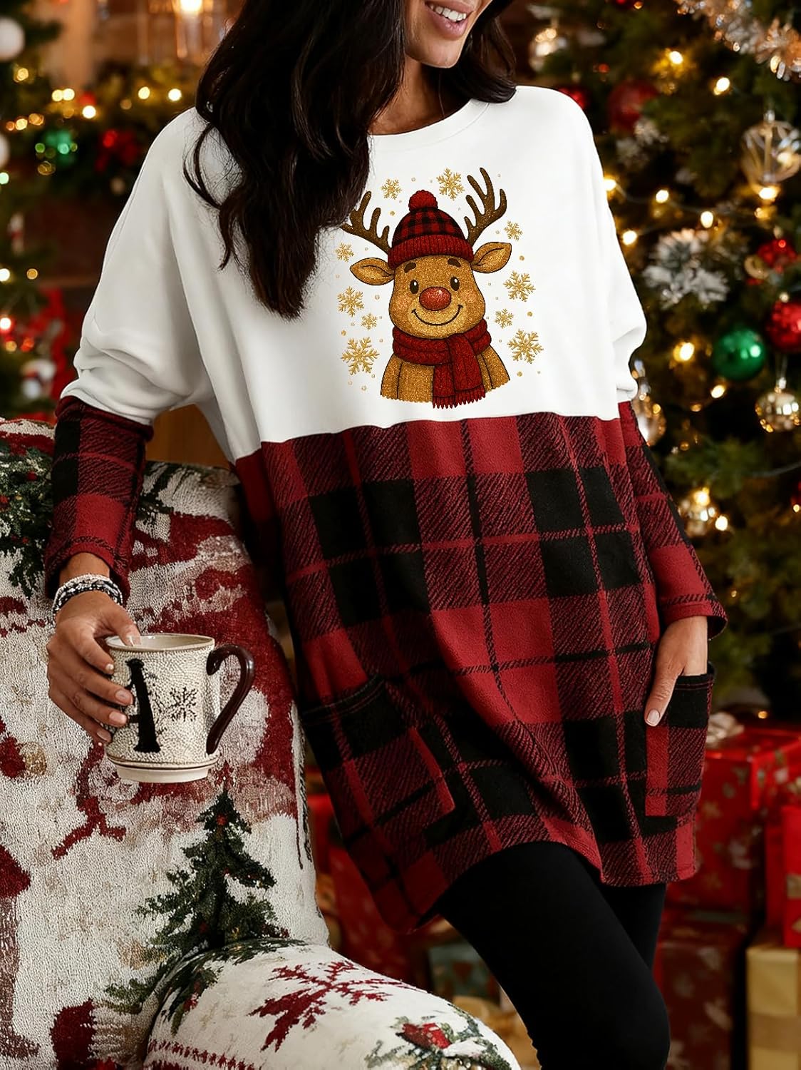 Womens Christmas Dress Long Sleeve Oversized Casual Plaid Sweatshirt Dress with Pockets - Image 2
