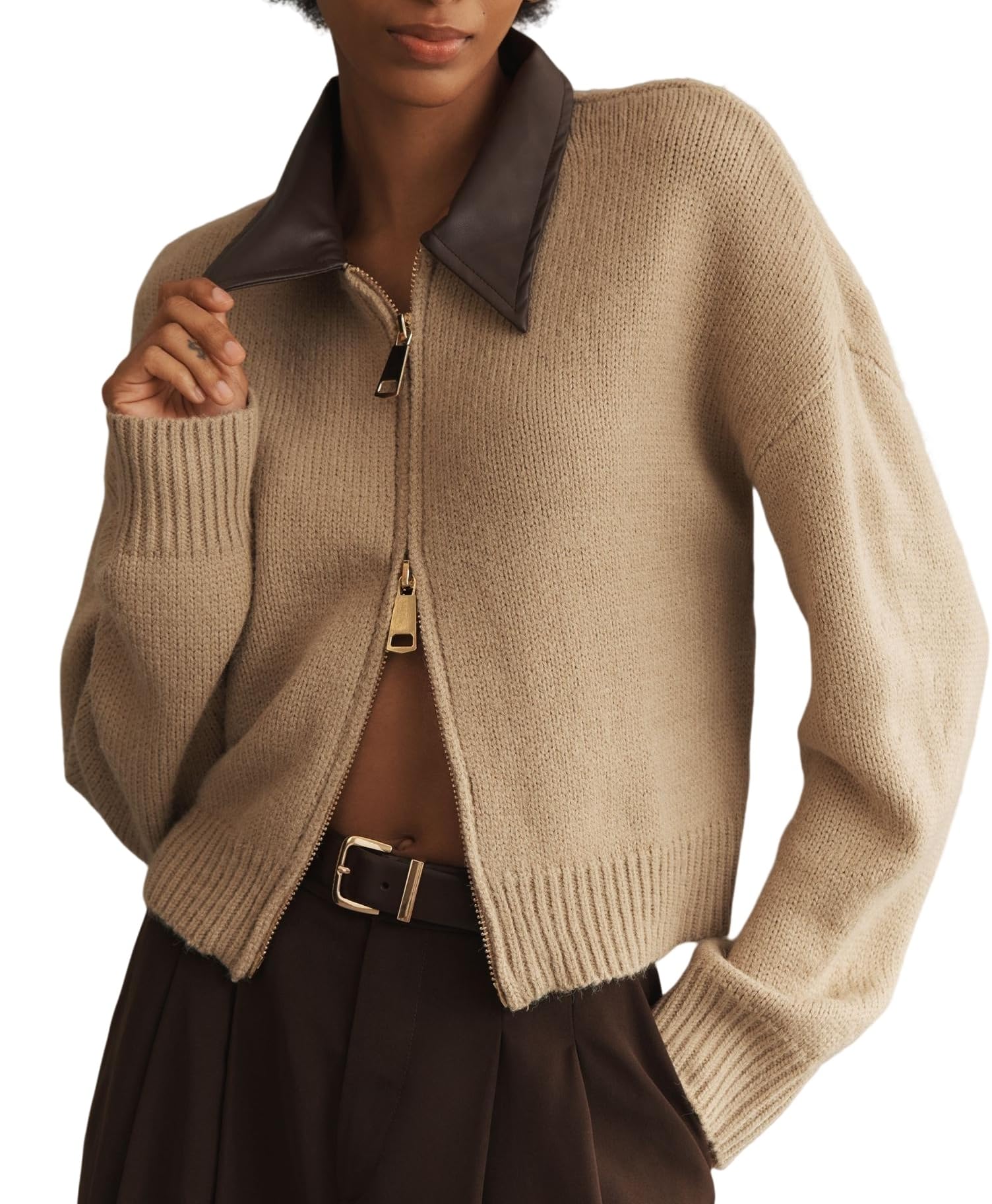 Womens Cropped Cardigan Sweaters Fall Winter Zip Up Lapel Collared Long Sleeve Open Front Chunky Knit Top
