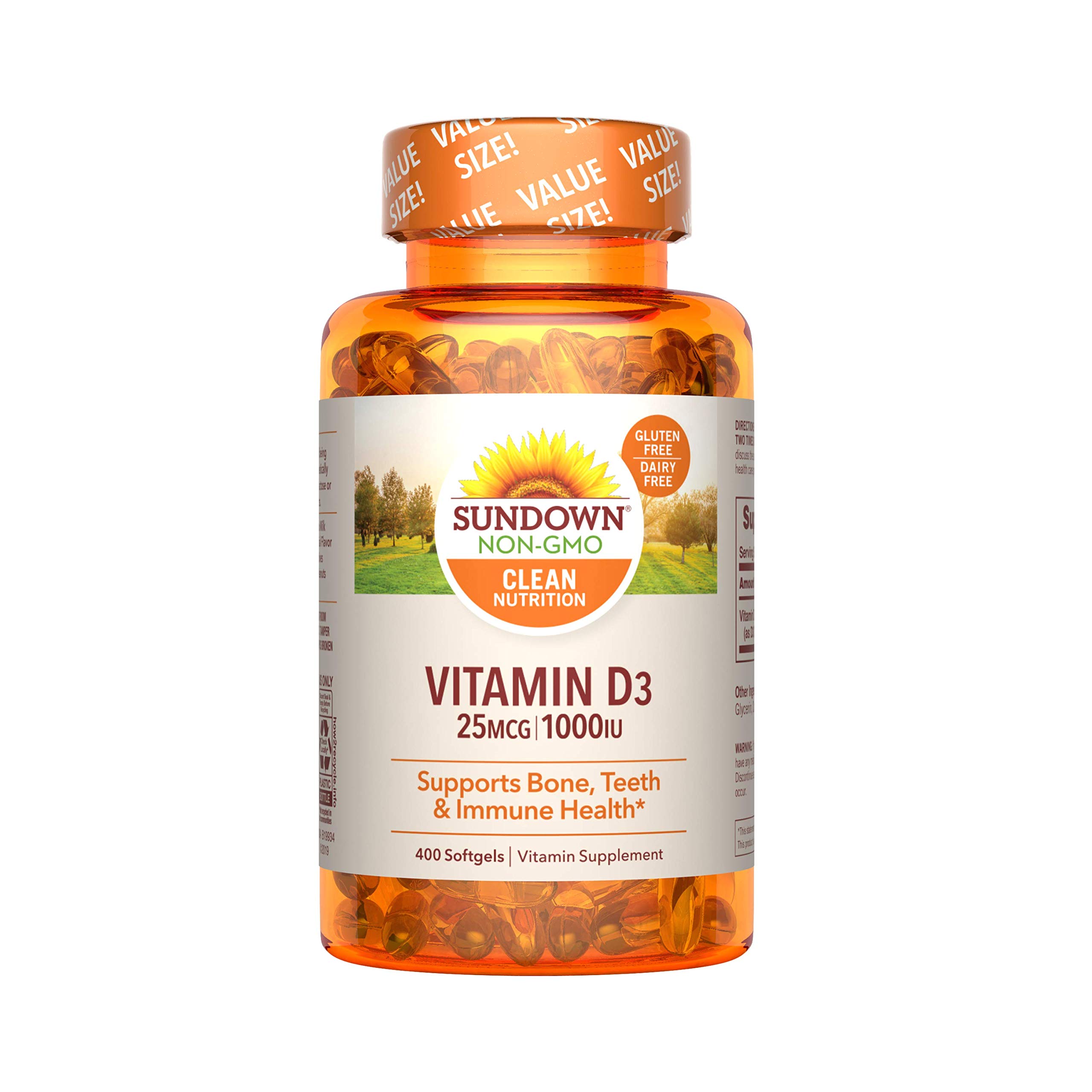 Sundown Vitamin D3 for Immune Support, Non-GMO, Dairy-Free, Gluten-Free, No Artificial Flavors, 25mcg 1000IU Softgels, 400...