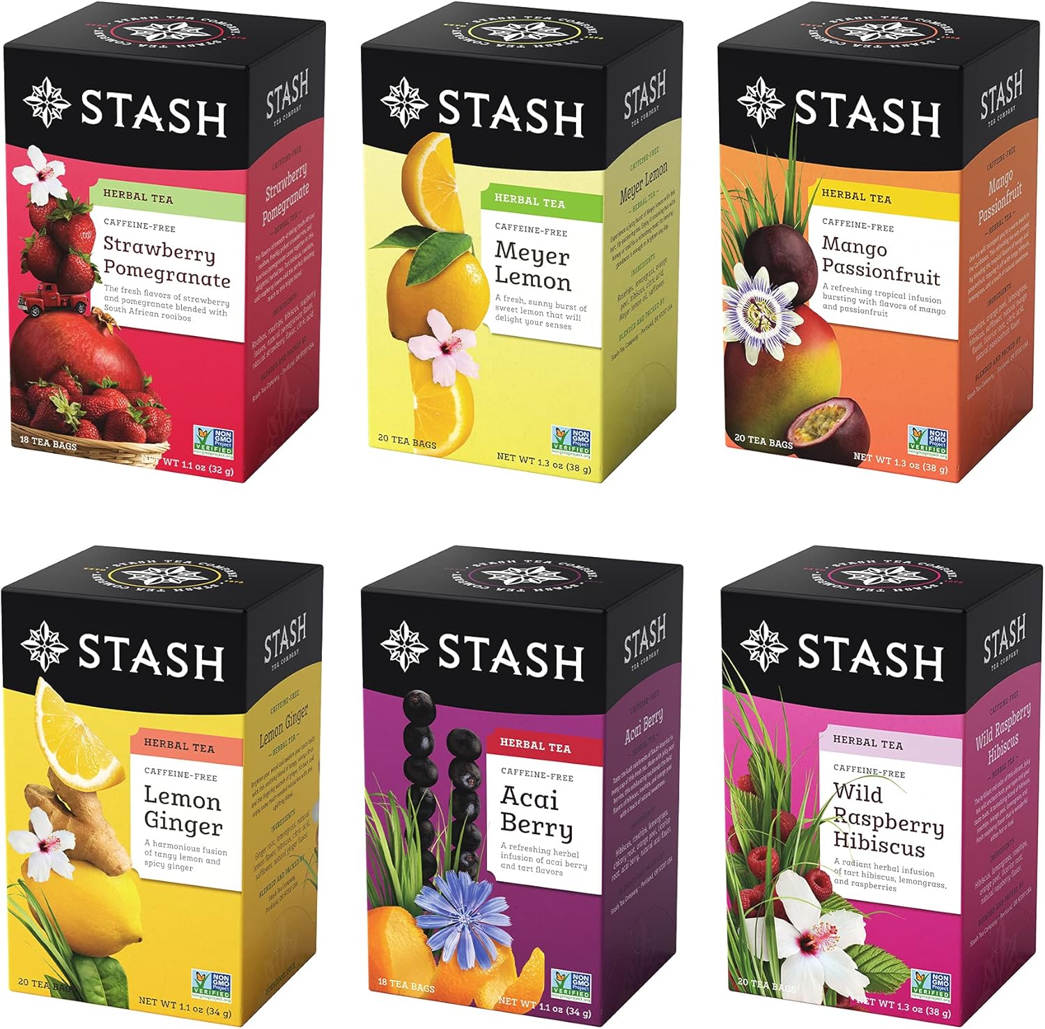 Stash Tea Fruity Herbal Tea 6 Flavor Tea Sampler, 6 boxes With 1820