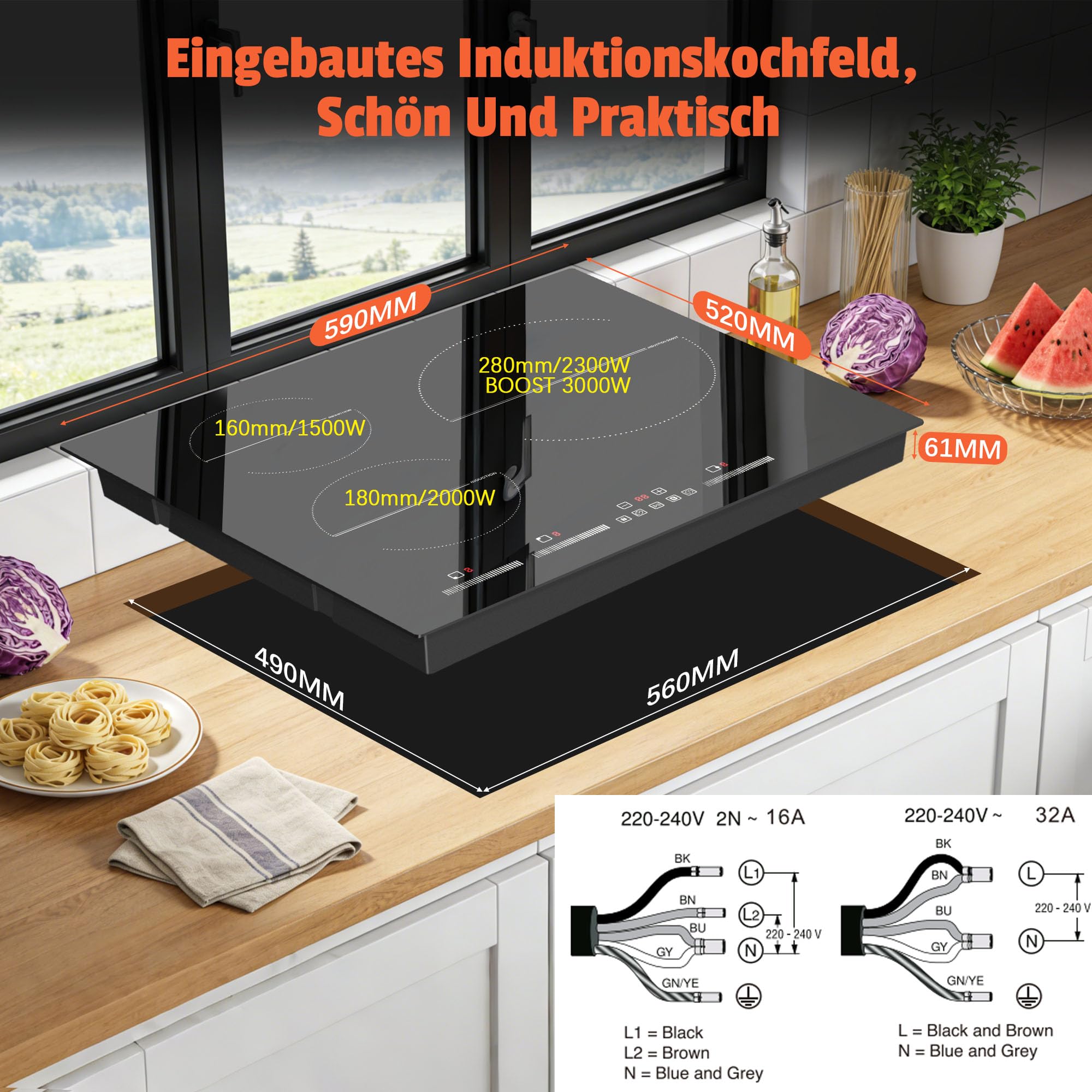 NOXTON Placa de Inducción 3 Fuegos, 60 cm, Encastrable, 6500 W | 6500W, Autónoma, Control Deslizante, Booster, Timer, Bloqueo Infantil, Pausa, 220-240V, Sin Enchufe