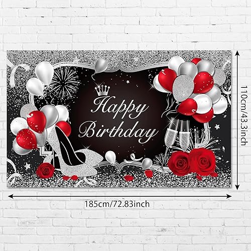 Miniatura 2 de Irenare Cartel de feliz cumpleaños rojo telón de fondo rojo decoración para mujeres y hombres, pancarta negra para suministros de fiesta, globos de