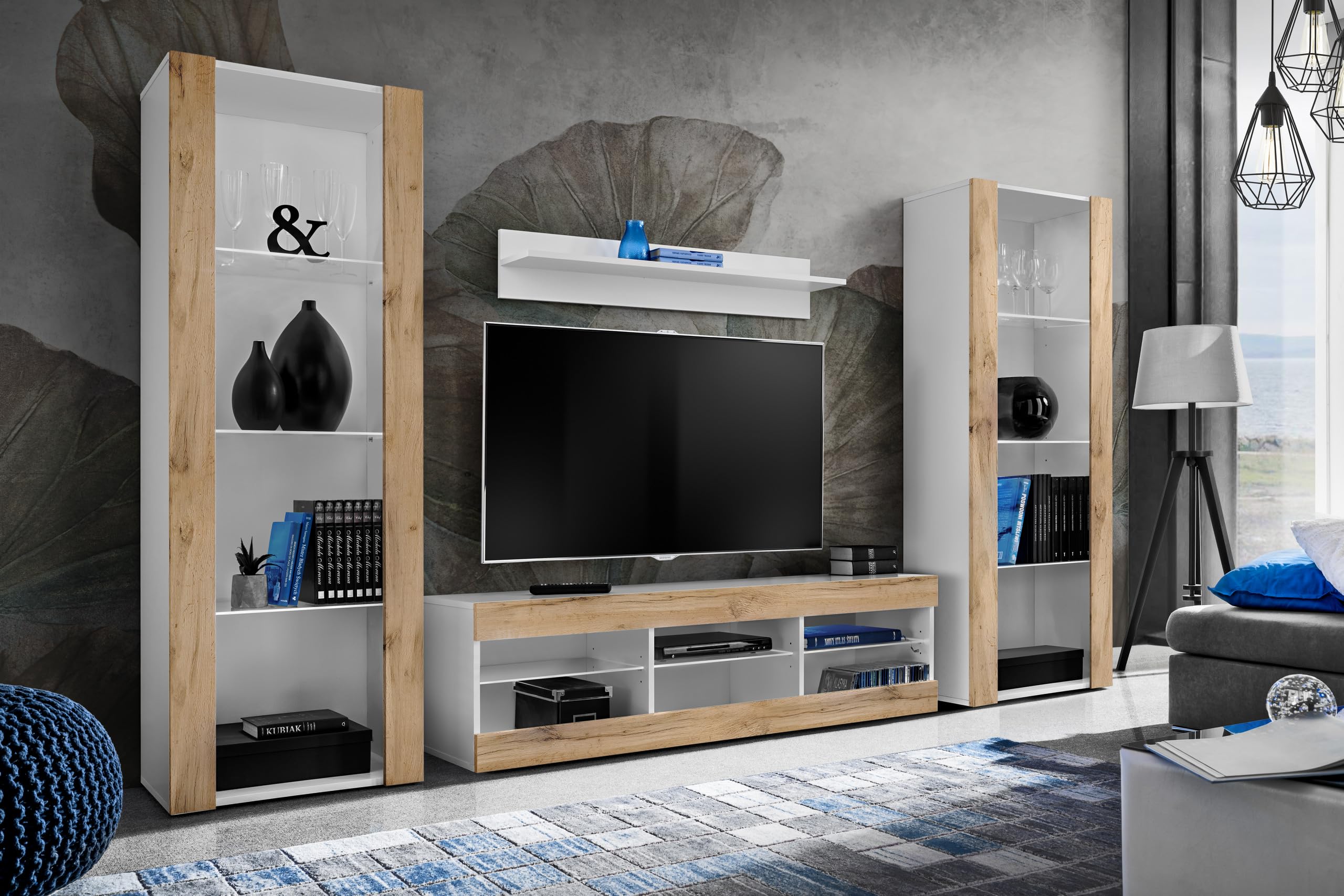 Meuble Salon Vera II PIASKI - Blanc Brillant Avec éclairage LED Optionnel - Vitrines Et Meuble TV