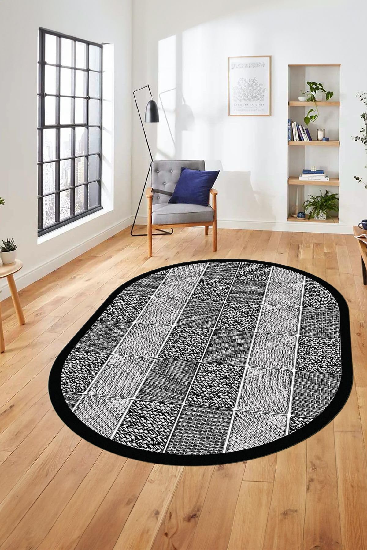 Evdeya Dijital Kaymaz Taban Yıkanabilir Jüt-Hasır Desenli Oval Mutfak Yolluk Salon Halısı O-JÜT-02, Gri, 60 x 100
