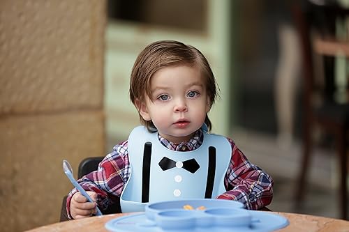 Miniatura 3 de Baberos impermeables para niños pequeños, babero de silicona, se adapta a hasta 6 años (traje azul)