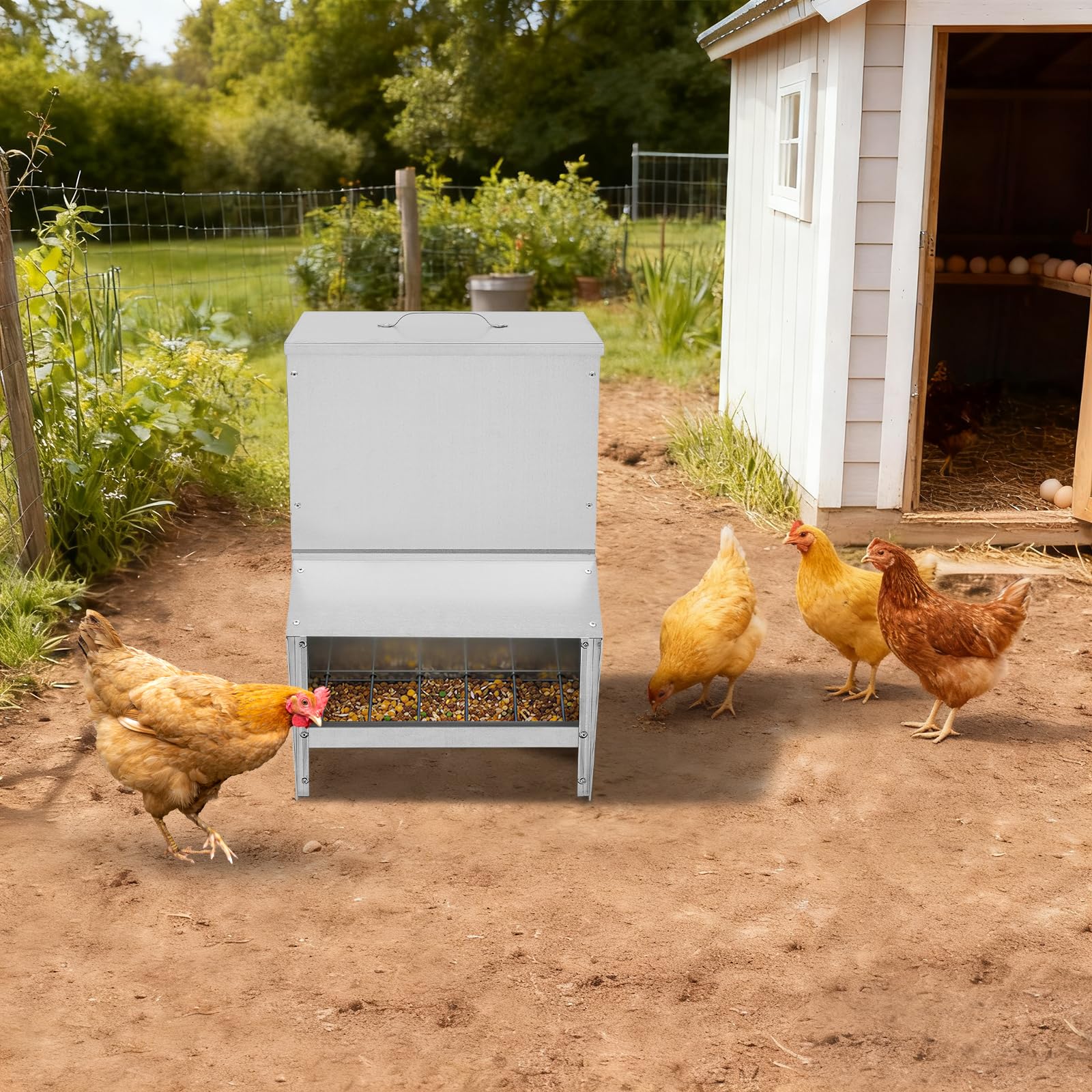 Comedero automático para pollos de metal, 35 x 26 x 54,5 cm, comedero automático para pollos, patos, dispensador automático de 25 L, con techo protector de lluvia, montaje en pared/instalación