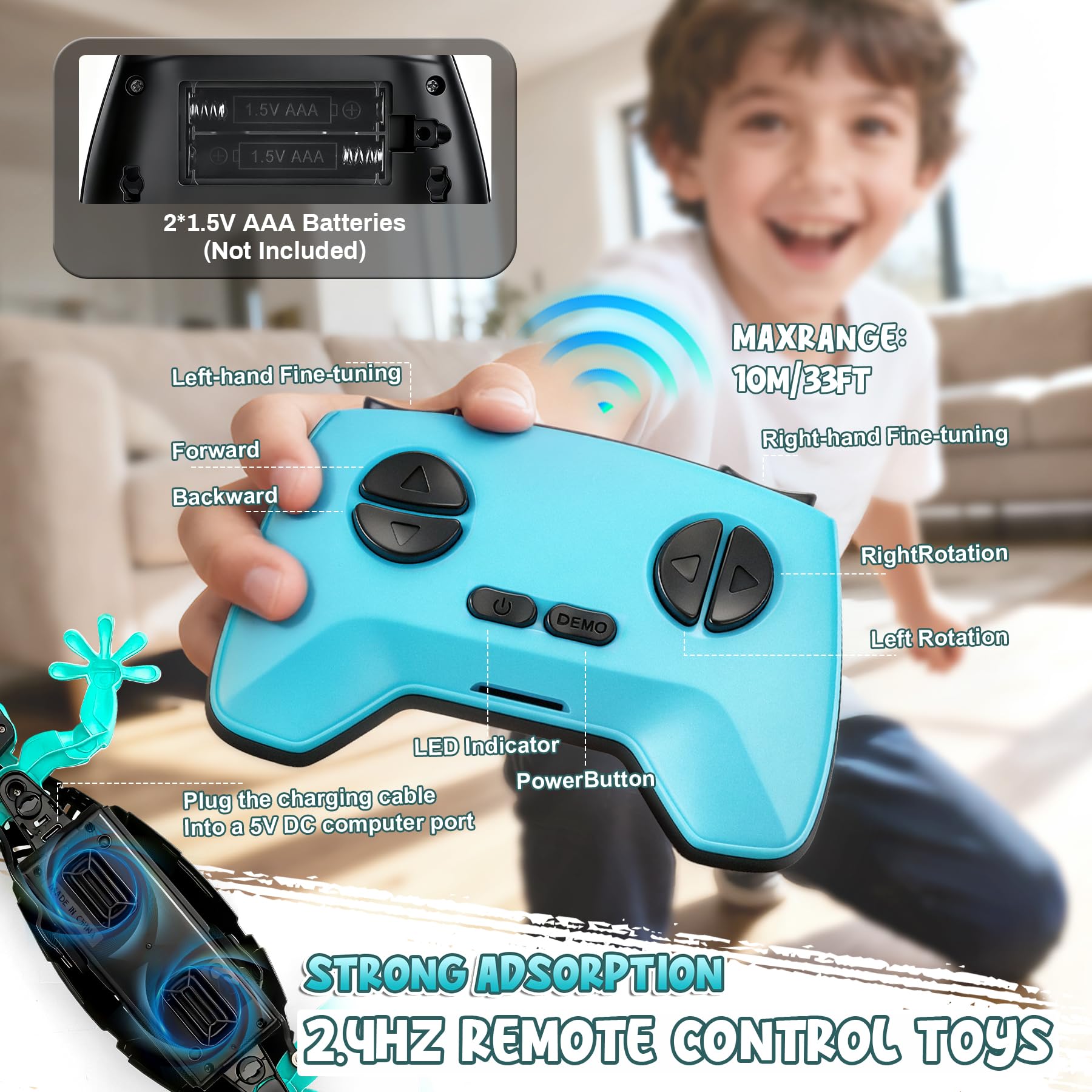 Wandkletterer Gecko, Ferngesteuerter Ladegecko, 360° drehbares ferngesteuertes Spielzeug, Geburtstagsgeschenk für Jungen und Mädchen, Spielzeug für Jungen ab 4 Jahren (blau)