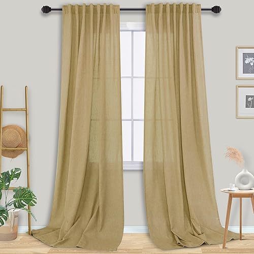 Miniatura 15 de Mrs.Naturall Cortinas transparentes verde esmeralda oscuro, cortinas de lino verde bosque para sala de estar, 63 pulgadas de largo, cortinas verdes