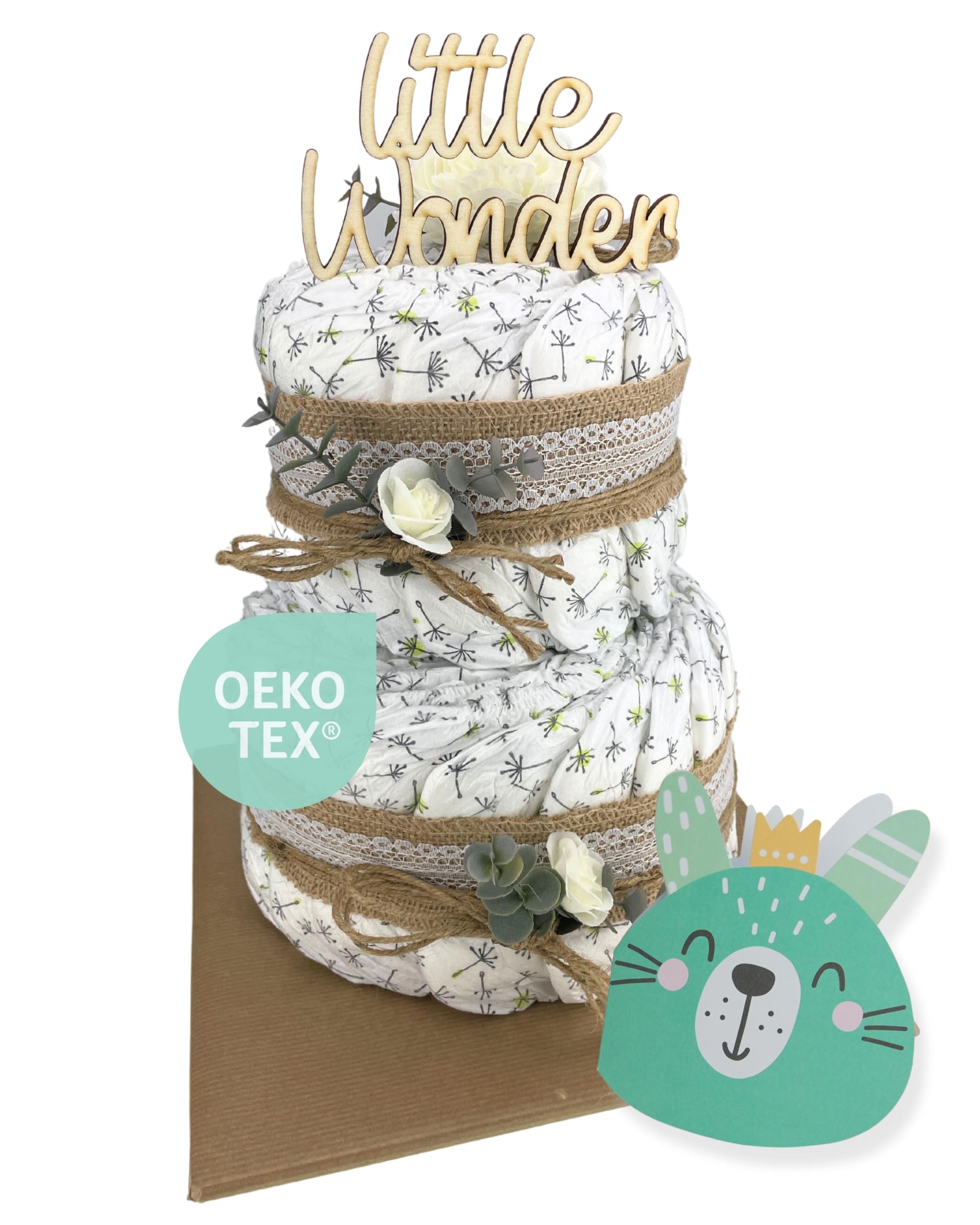 Vintage Torte [JUTE & HOLZ] - Jungen & Mädchen - Neutral Unisex - Geschenk zur Geburt - Baby Party - Babyshower - Pullerparty - Caketopper (Boho - Vintage - LITTLE WONDER) 2-stöckig