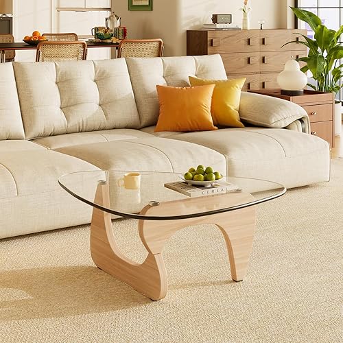 Miniatura 10 de Mesas de café de vidrio pequeñas de estilo granja, mesa central de madera moderna de mediados de siglo para la sala de estar, nogal transparente, 32