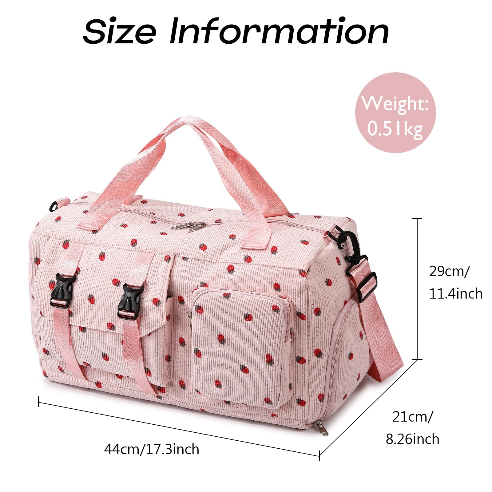 Sporttasche Kinder Mädchen Erdbeere Cord Reisetasche Damen Weekender Schwimmtasche mit Schuhfach und Nassfach Teenager Travel Bag Balletttasche für Reisen, Fitness, Sport, Gymnastik, Schule - 4
