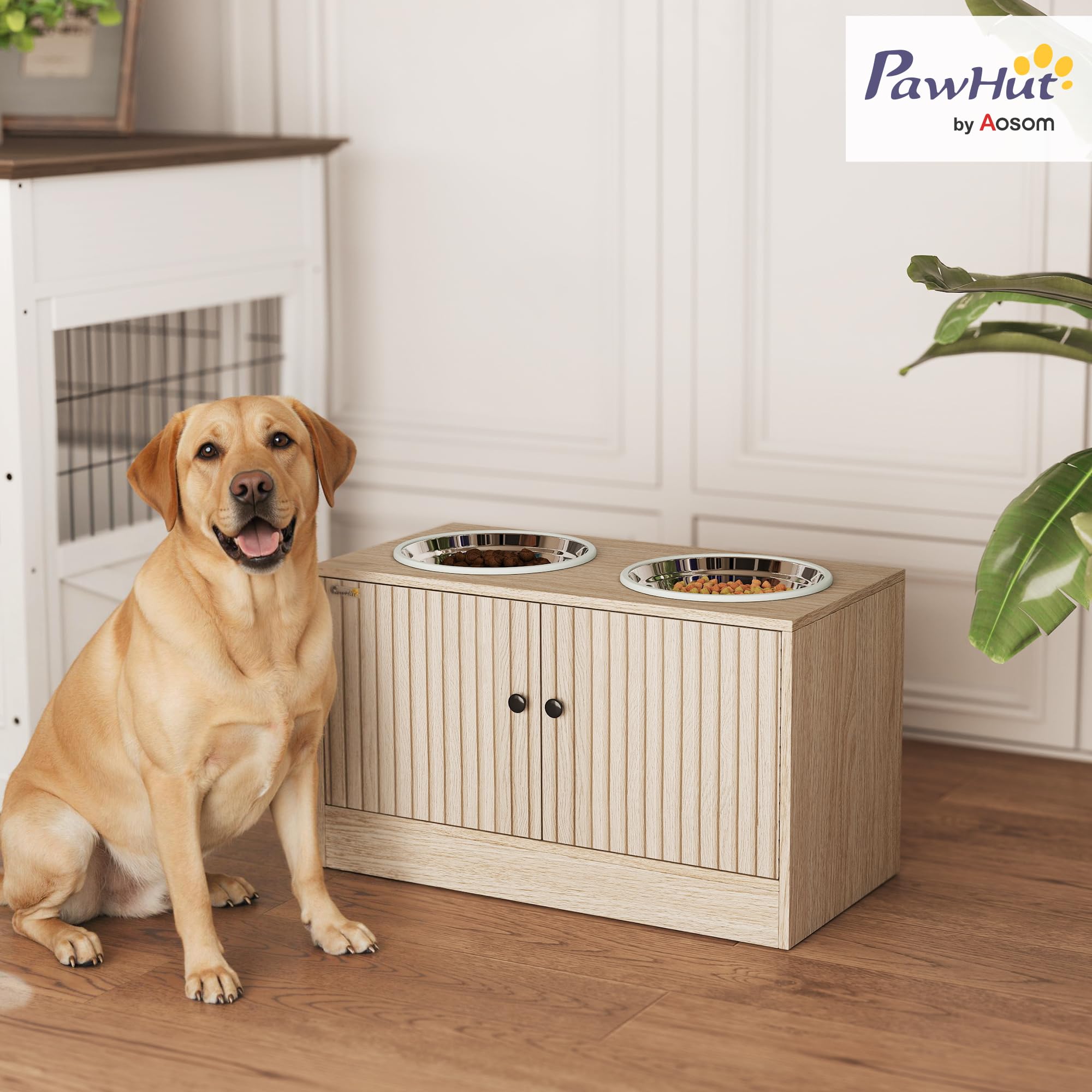 PawHut Comedero Perro Elevado con 2 Cuencos de Acero Inoxidable 2x2000 ml Comedero Lento para Perros Grandes con 2 Puertas, Almacenamiento Oculto, Anillos Antideslizantes, Cuencos Elevados, Roble