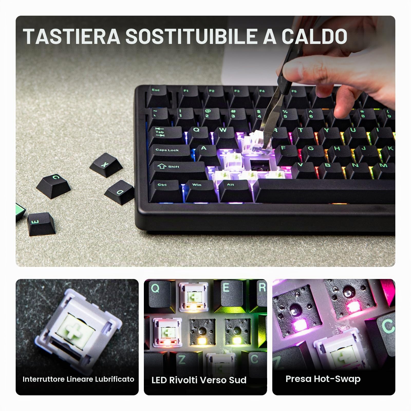 EPOMAKER QK81 75% Tastiera da Gioco Meccanica Senza Fili, QMK/VIA Programmabile, Hot-Swap, 81 Tasti con Manopola in Metallo, 2,4Ghz/BT/USB, Creamy Gasket-Mount, RGB Backlight (Nero, Wisteria Linear)