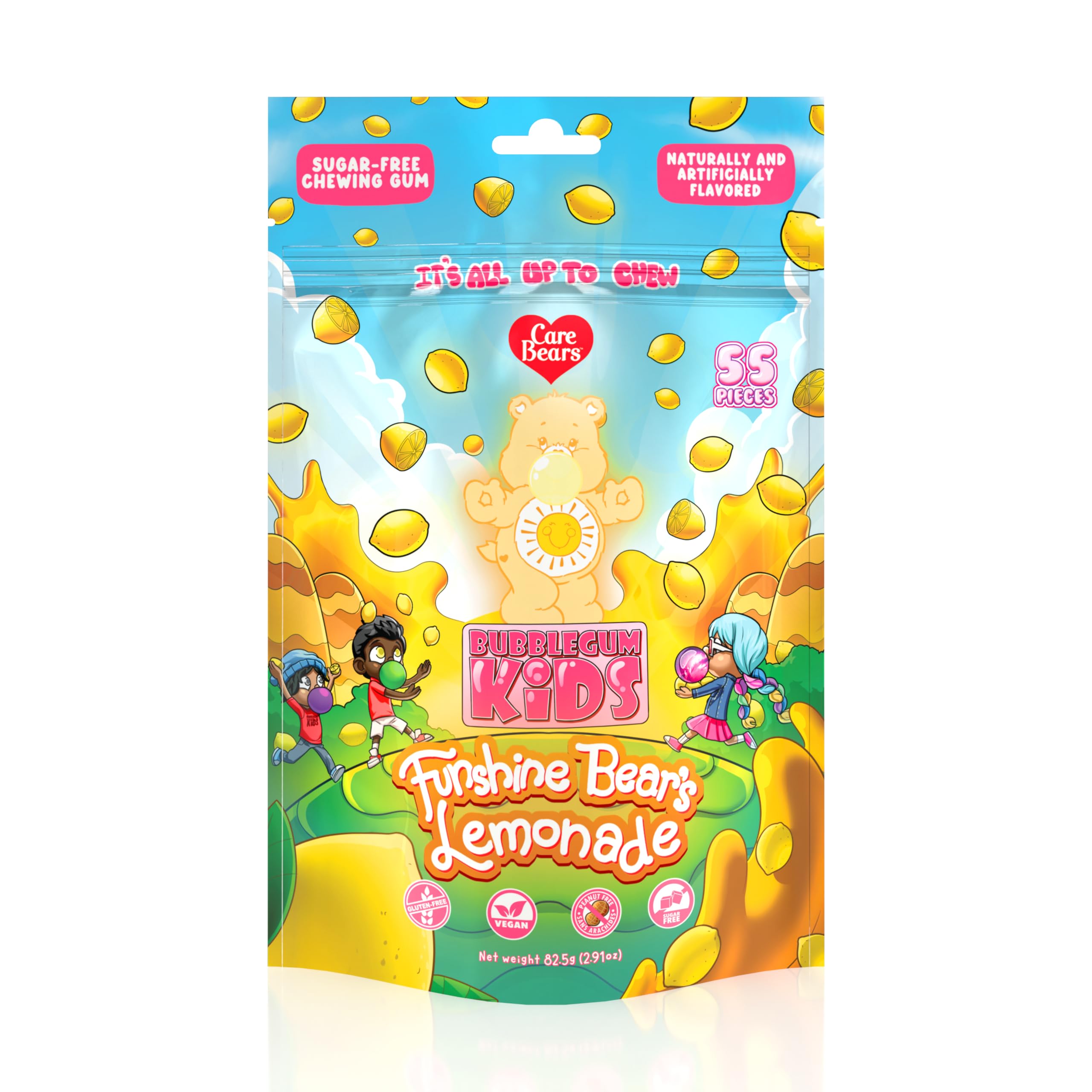 Bubblegum Kids Care Bears Funshine Lemonade Sugar Free Gum | Stocking Stuffers, Holiday Candy, Party Favors | Sugarless Gum, Vegan, Peanut Free, Low Calorie Alternative for Kids & Adults | 1 Pack