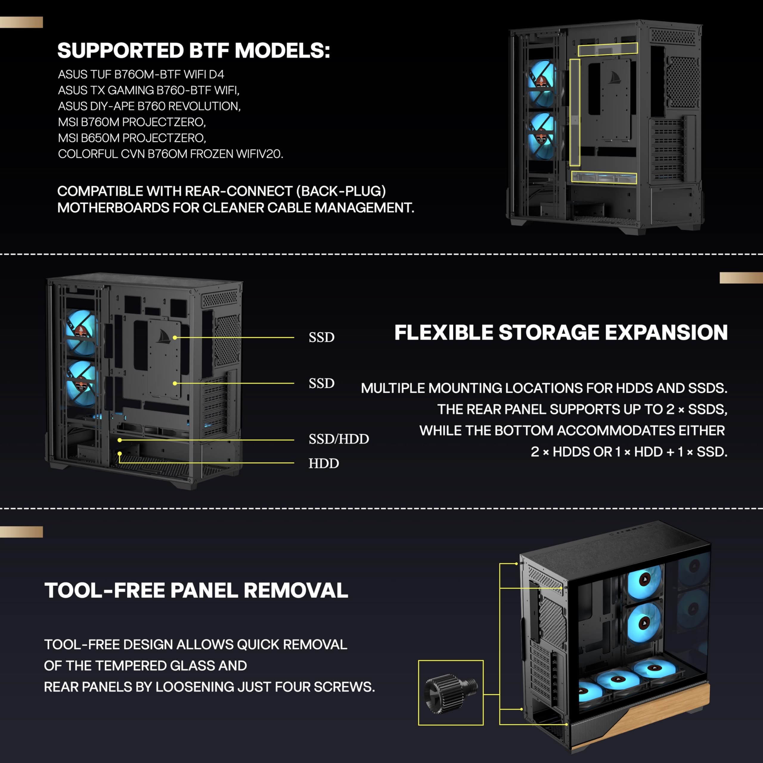 KEDIERS PC Gehäuse Vorinstallierter 5 × 120MM Schwarz Lüfter, ATX Mid Tower PC Gehäuse, Computergehäuse mit Panoramaaussicht Gehärtetes Glas Front Panel,Schwarz/Walnussholz,Neue P6-Version