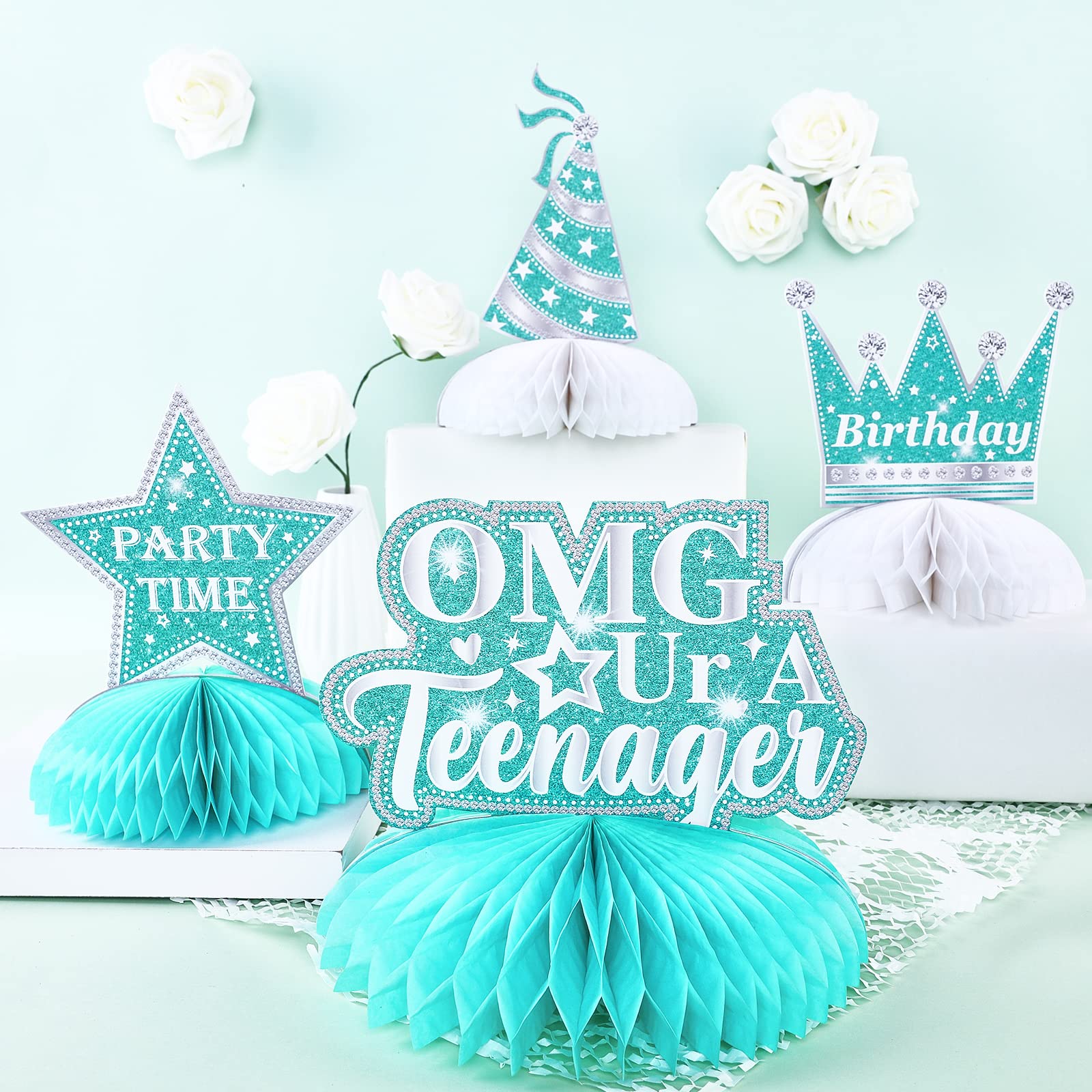 Cheereveal 13th Birthday Decorations Table Centerpieces, 8 Pieces Teal Silver Happy 13 Year Old Birthday Honeycomb Centerpieces, Breakfast Blue Thirteen Birthday Table Sign Toppers for Girls