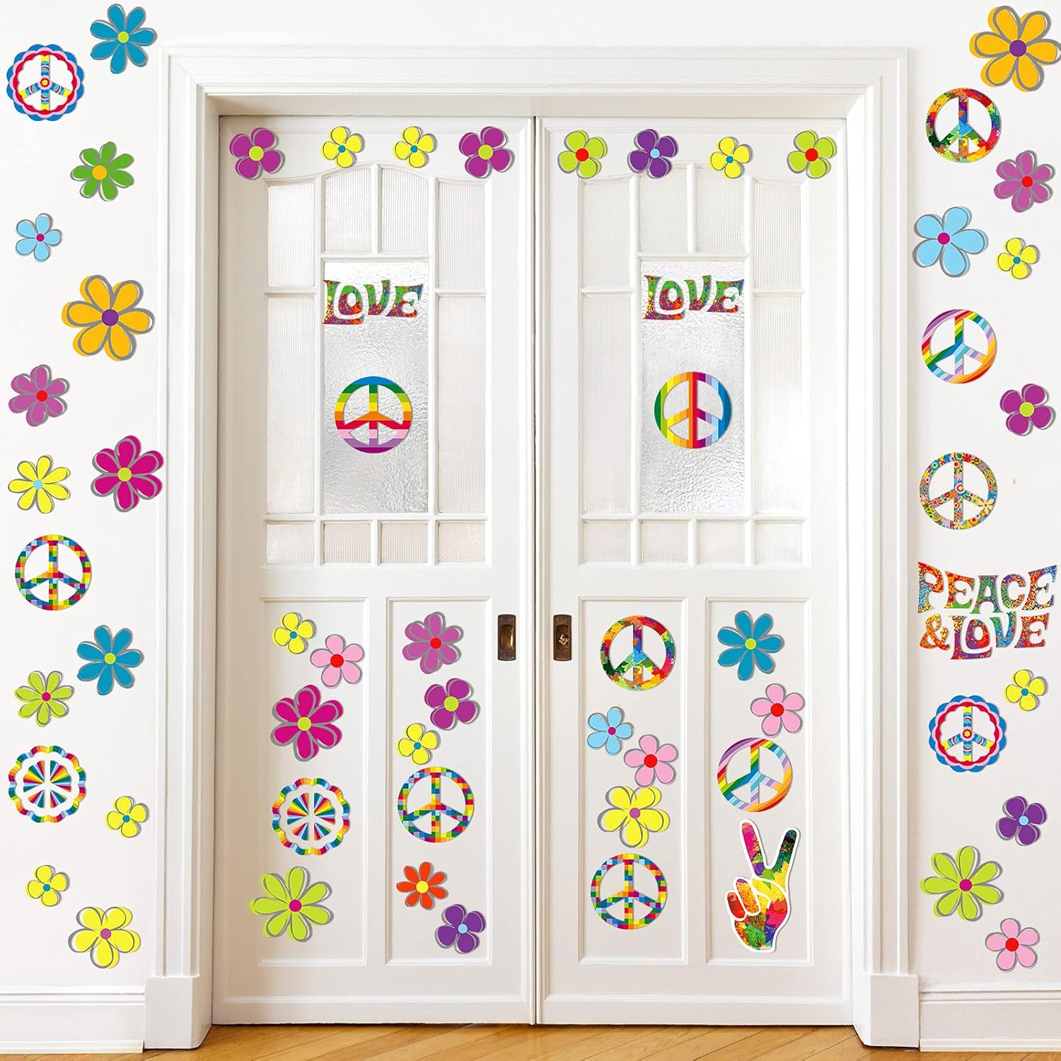108 Pieces 60's Party Sticker Groovy Party Decoration 11.4 x 8.3 Inches Hippie Theme Car Sticker Hippie Theme Retro Flower Car Sign Colorful Peace Sign Decal Art for Home Laptop Luggage Multicolored