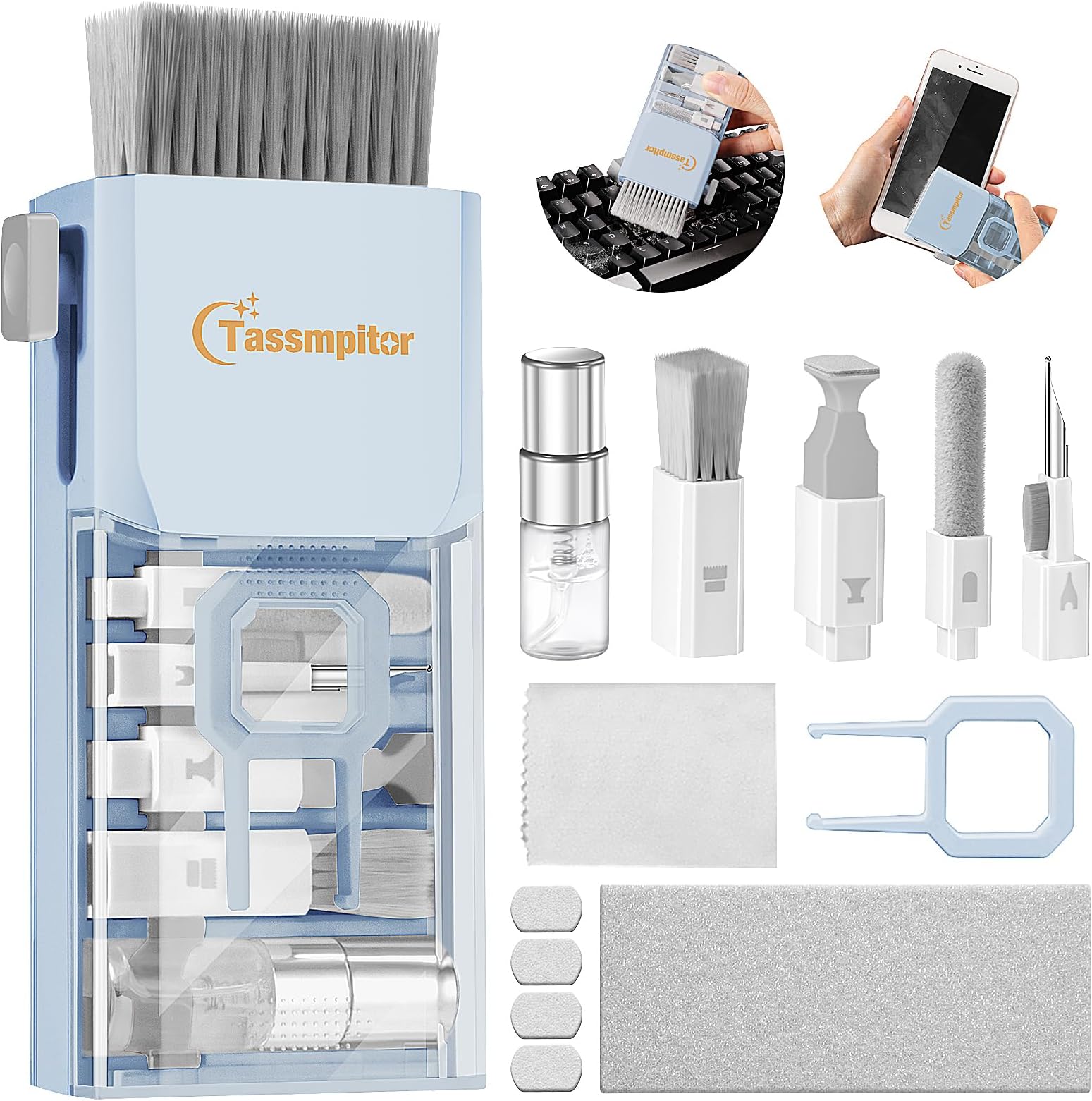 Keyboard Cleaner Laptop Cleaning Kit, Compact Keyboard Cleaning kit for Computer MacBook iPhone AirPods Pro, PC Electronic Cleaner Kit with Brush & Spray for Computer Screen, PC Camera Monitor, Blue