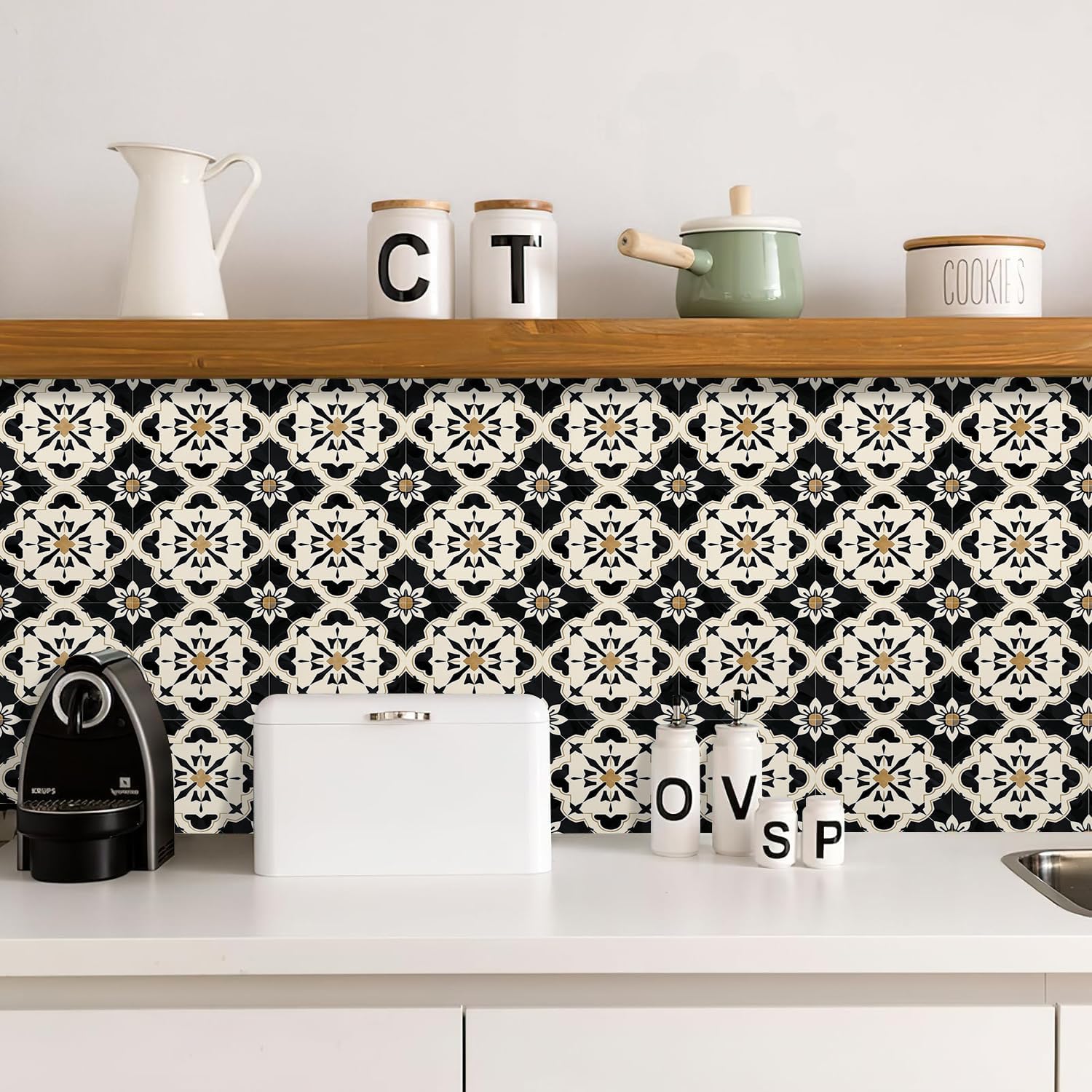 Vintage Black Beige Tile Stickers - Easy Peel & Stick Backsplash -2 Vintage Black Beige Tile Stickers - Easy Peel & Stick Backsplash -2
