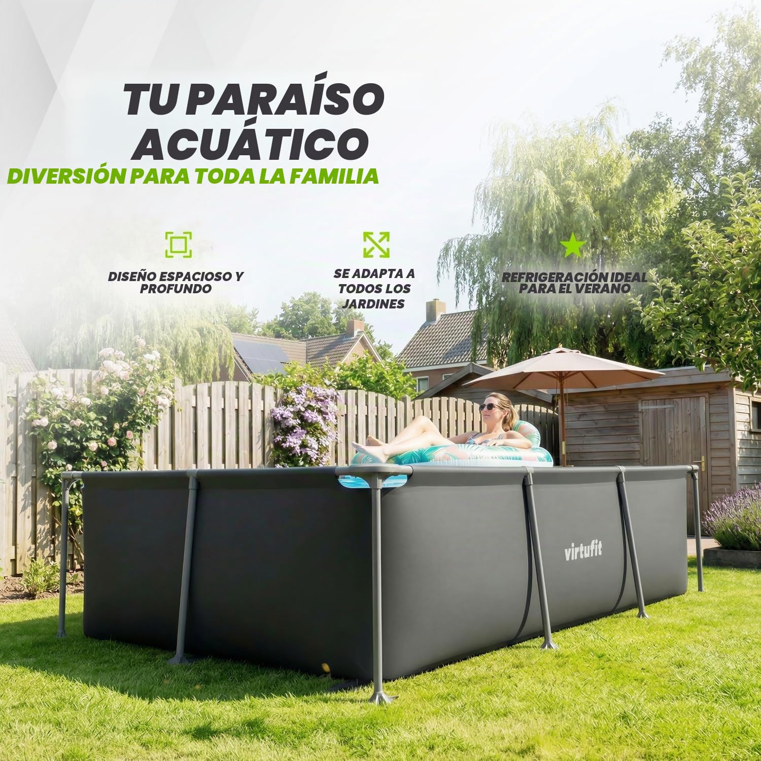 VirtuFit, Piscina rectangular, 260 x 180 cm, bomba de filtro y cartucho, rápida instalación, incluye Kit de reparación Liner
