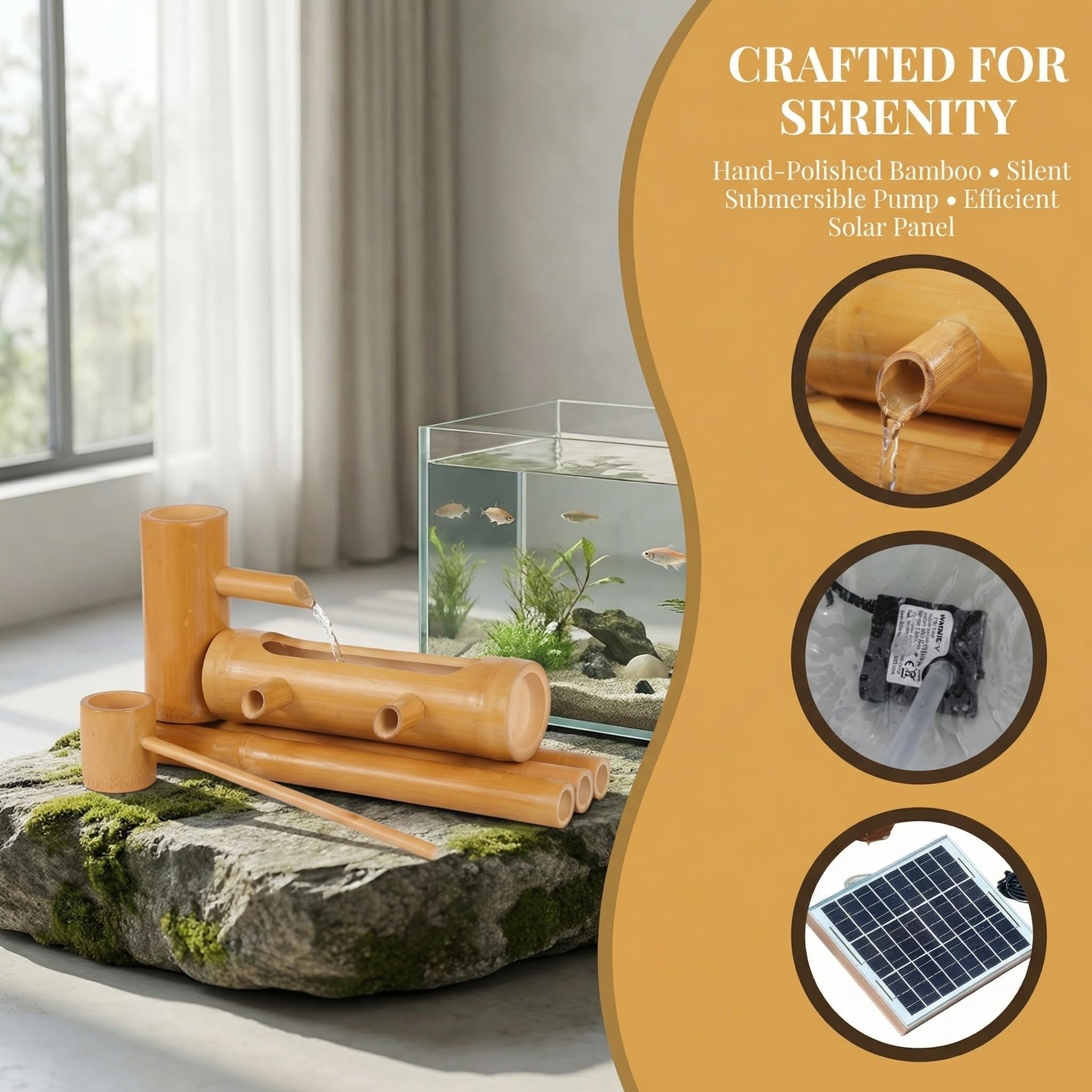 Kit fontana solare in bambù – Pompa ecologica per giardino, stagno, piscina, acquario, vasca per uccelli, design durevole e resistente alle rotture per esterni
