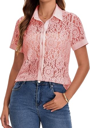 Womens Lace Short Sleeve Tops Dressy Casual Blouse Button Down Sheer Elegant Summer Shirts