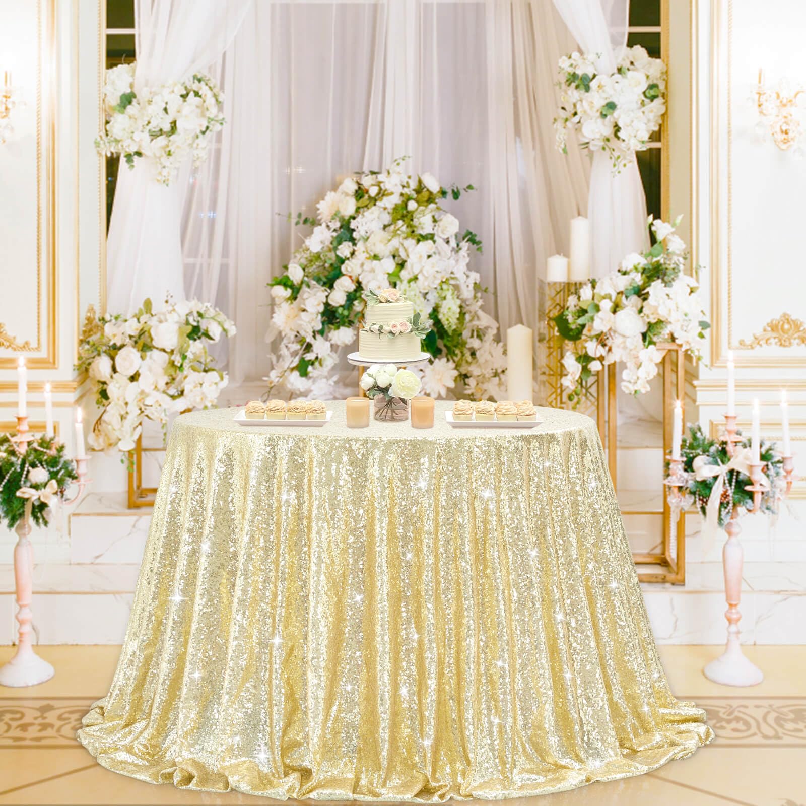 B-COOL Round Sequin Tablecloth Draping Decorations Light Gold 90 Inch