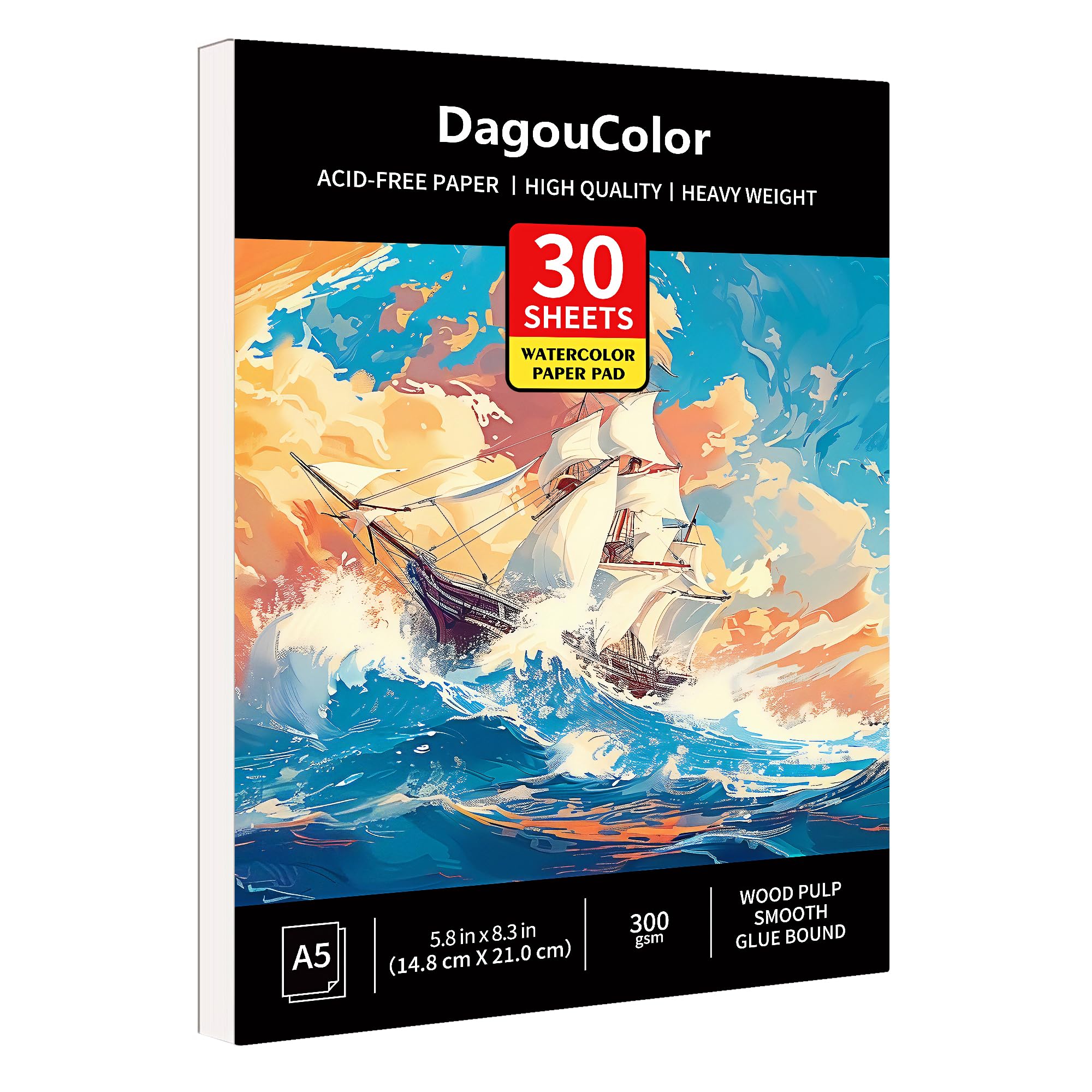 DagouColor Watercolor Paper Pad, 30 Sheets, 140lb/300gsm Cold-Pressed Paper, Artist Book for Adults Beginners, Painting, Drawing, Mixed Media - Boat Yellow, A5, 1 Pack