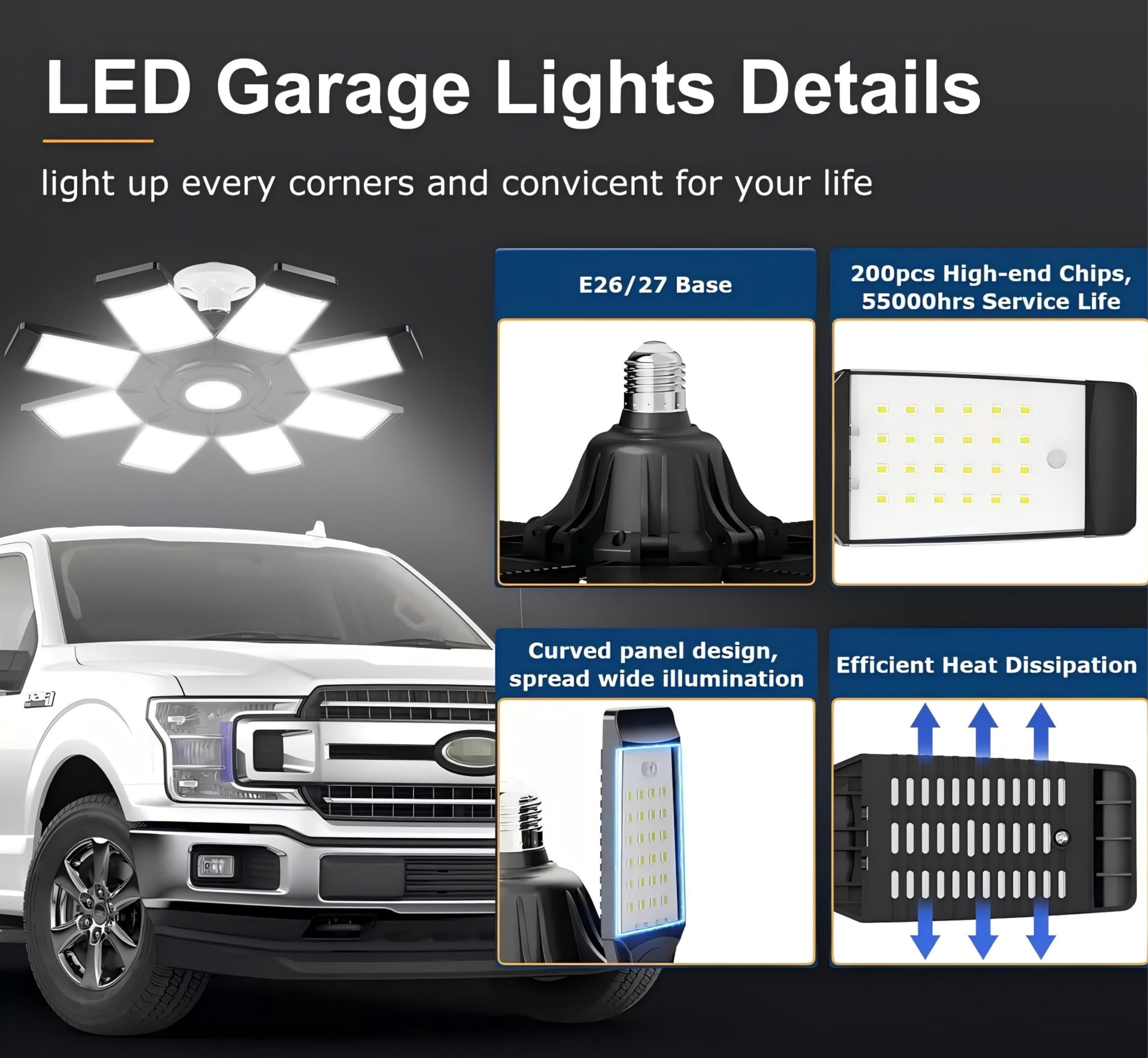 20000 lumen 6500 K luce diurna 200 W Otto fogli lampade da soffitto LED per garage, confezione da 4