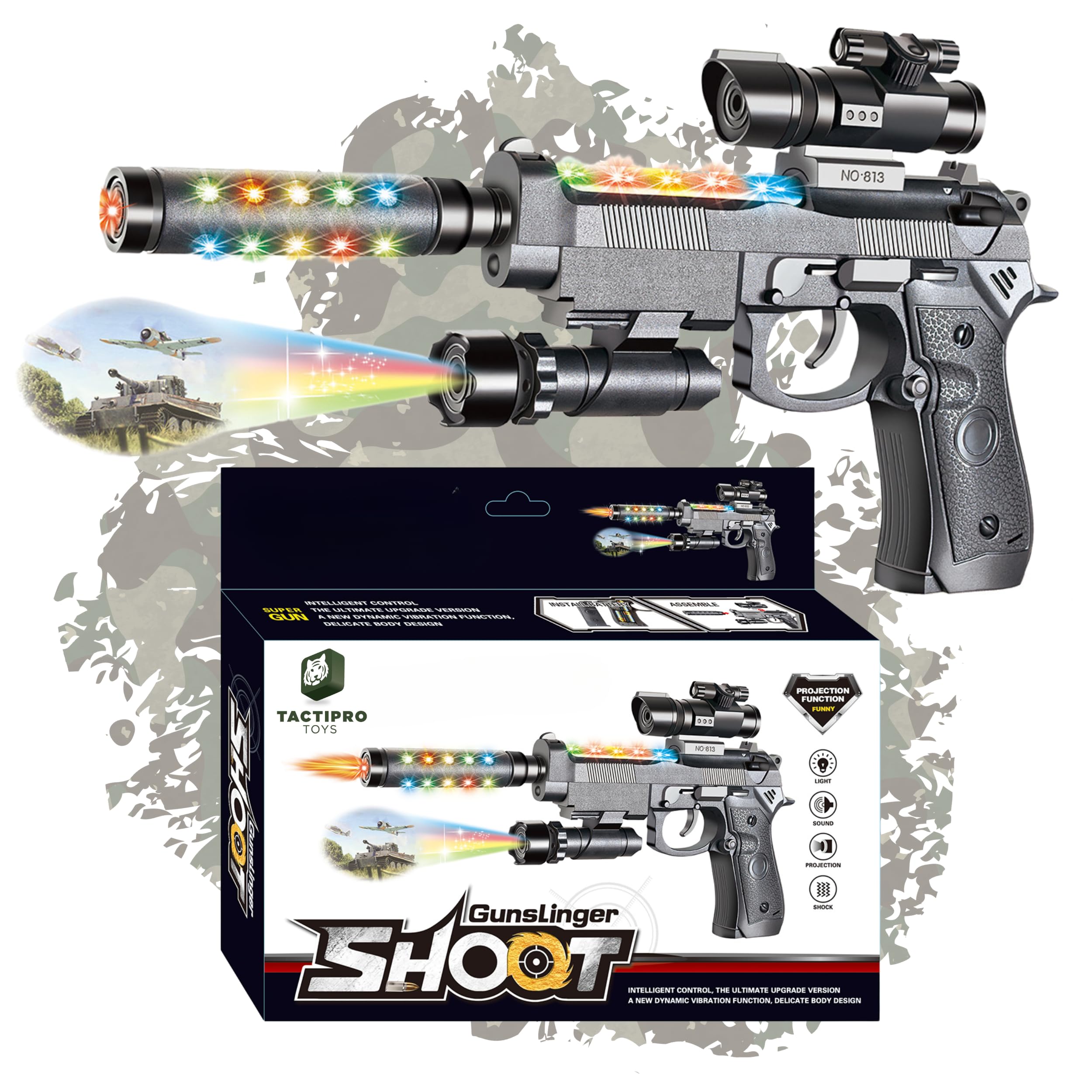 Toy Gun for kids great for Police Costume accessories, Army Soldier Military fancy dress pretend play. This durable plastic toy Gun Pistol emits sounds lights, movement & vibrates for hours of fun