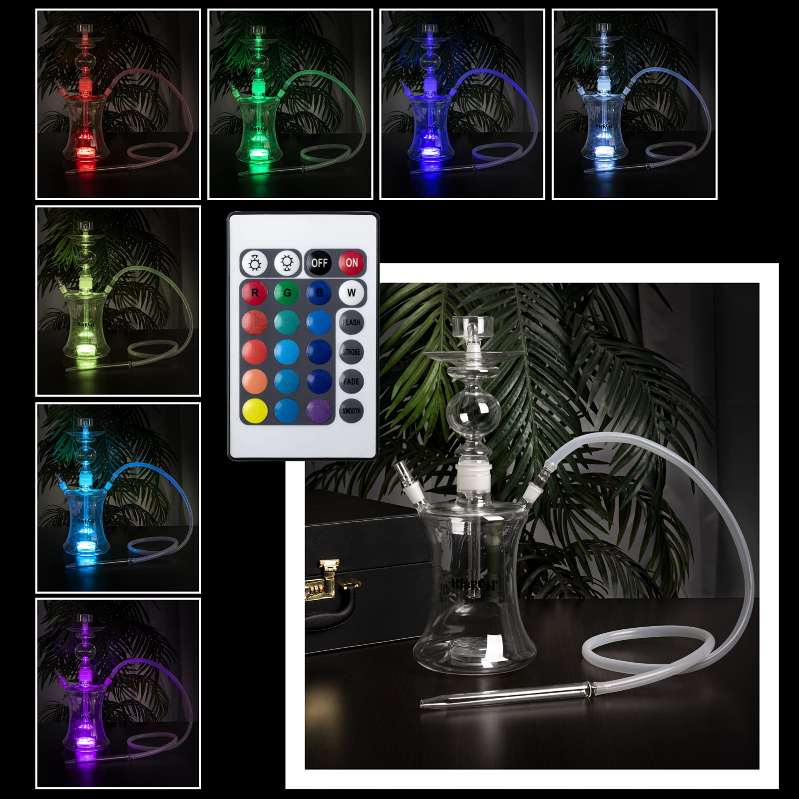 HIBRON Cachimba Buena Grande Profesional 52cm Premium Kit Completo de Cristal Transparente, con 1 Manguera de Silicona, Luz LED, Mando a distancia y Maletín.