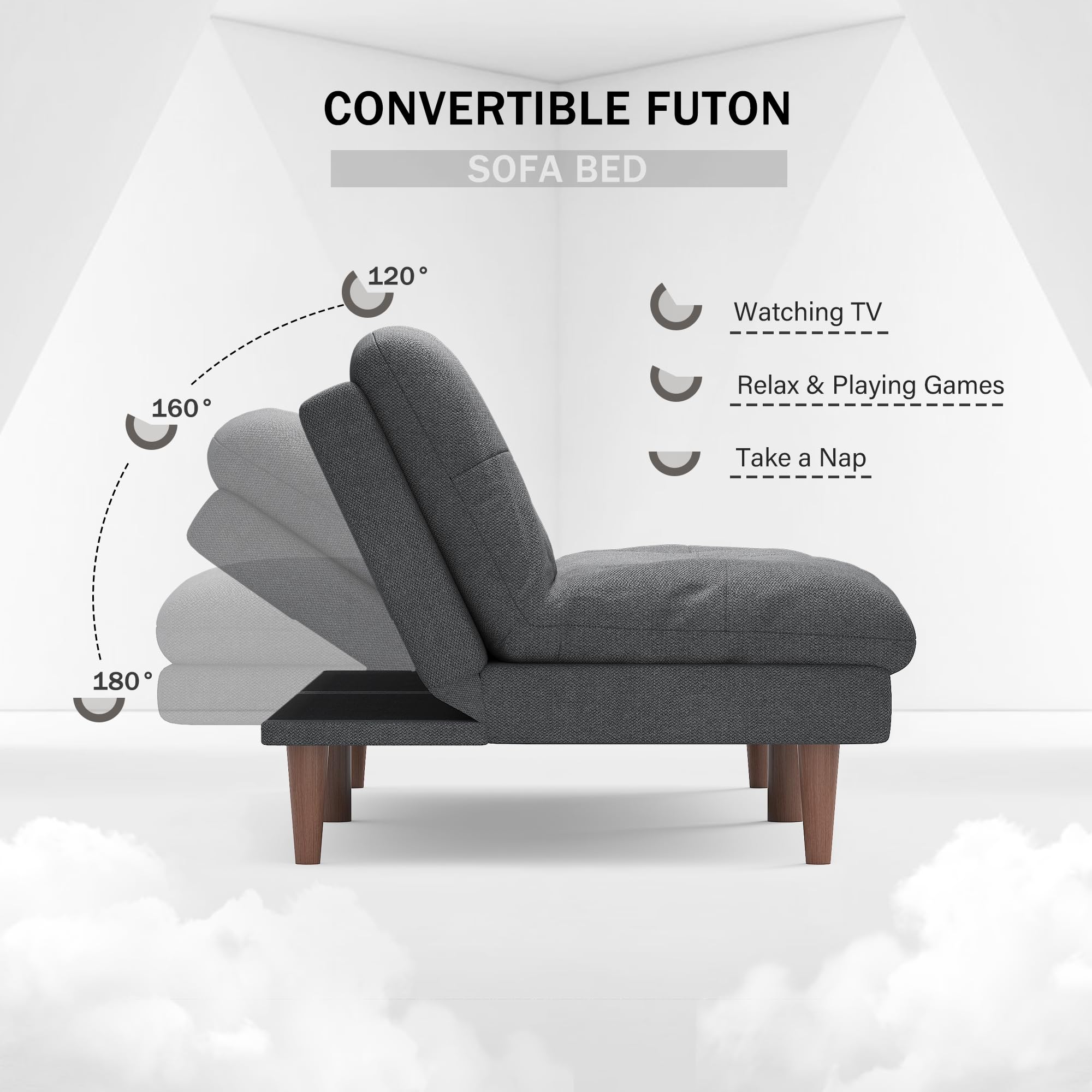 Flamaker 67'' Convertible Linen Futon Sofa Bed with Adjustable Backrest | Upholstered Sleeper Sofa Bed, Modern Solid Wood Frame Loveseat Couch for Apartment, Office & Small Spaces | Grey