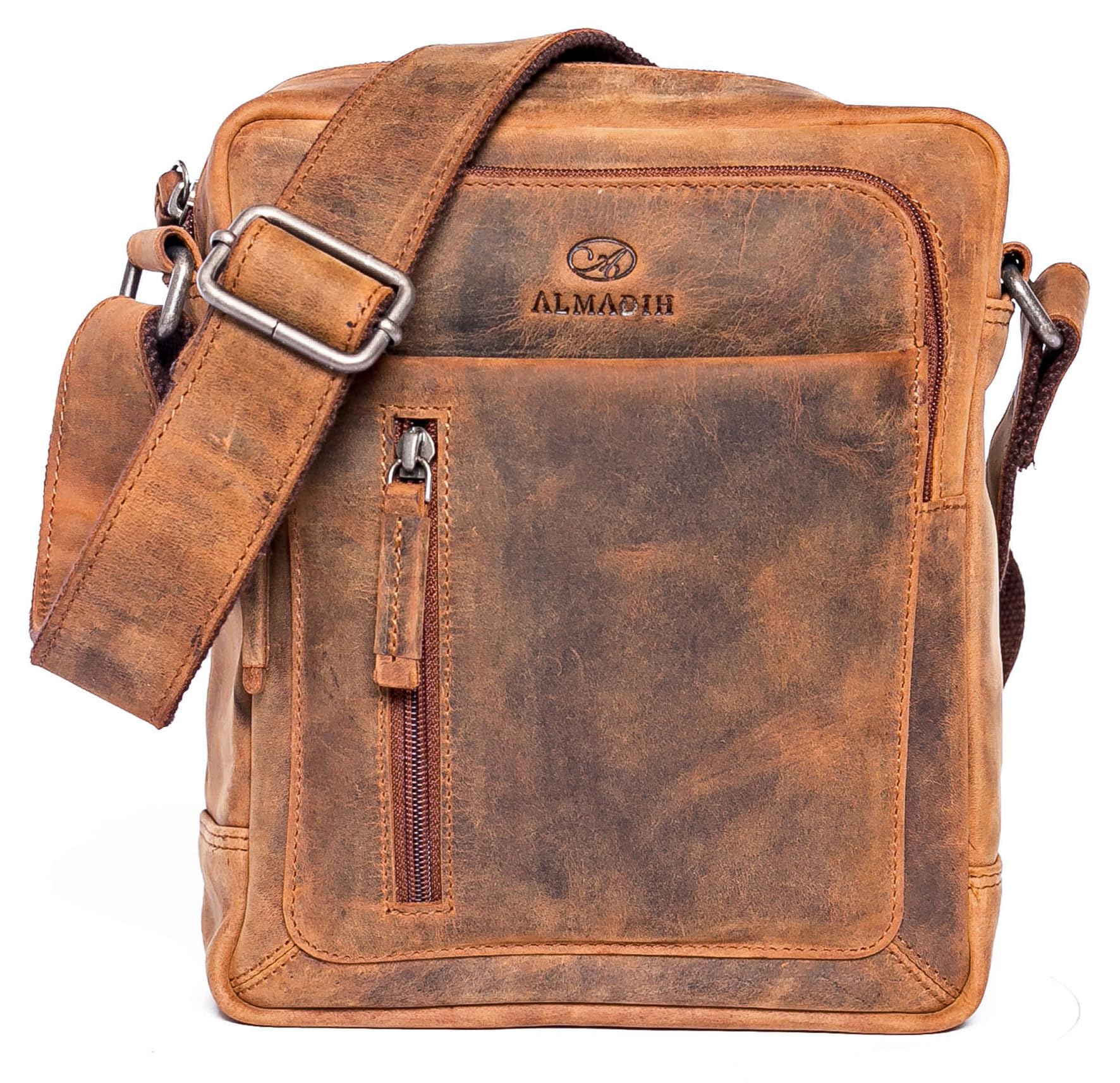 ALMADIH Leder Umhängetasche FINN Premium Rindsleder – Kompakte Messenger Schultertasche Freizeittasche City Bag Tablet Ledertasche kleine Herren Damen Unisex Tasche vintage