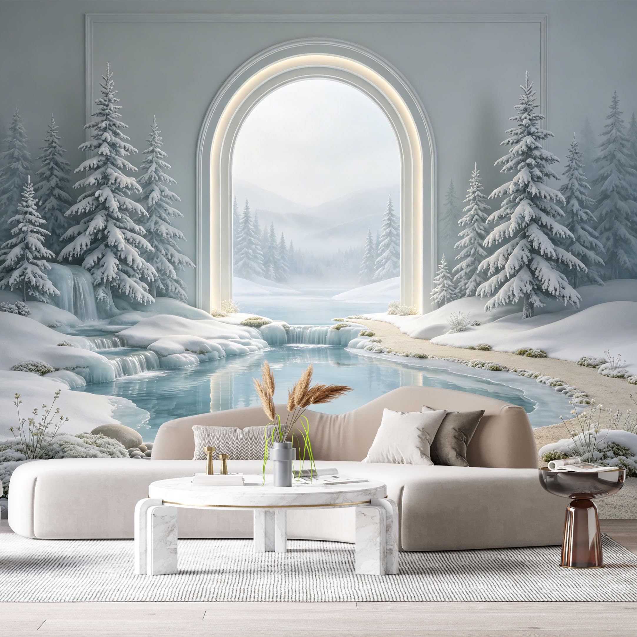 Custom Size Wall Murals Winter Mountain Lake Waterfall Archway 3D Trompe L'Oeil SelfAdhesiveWall Fabric Removable Wallpaper Wall Decor for Living Room Bedroom Bathroom