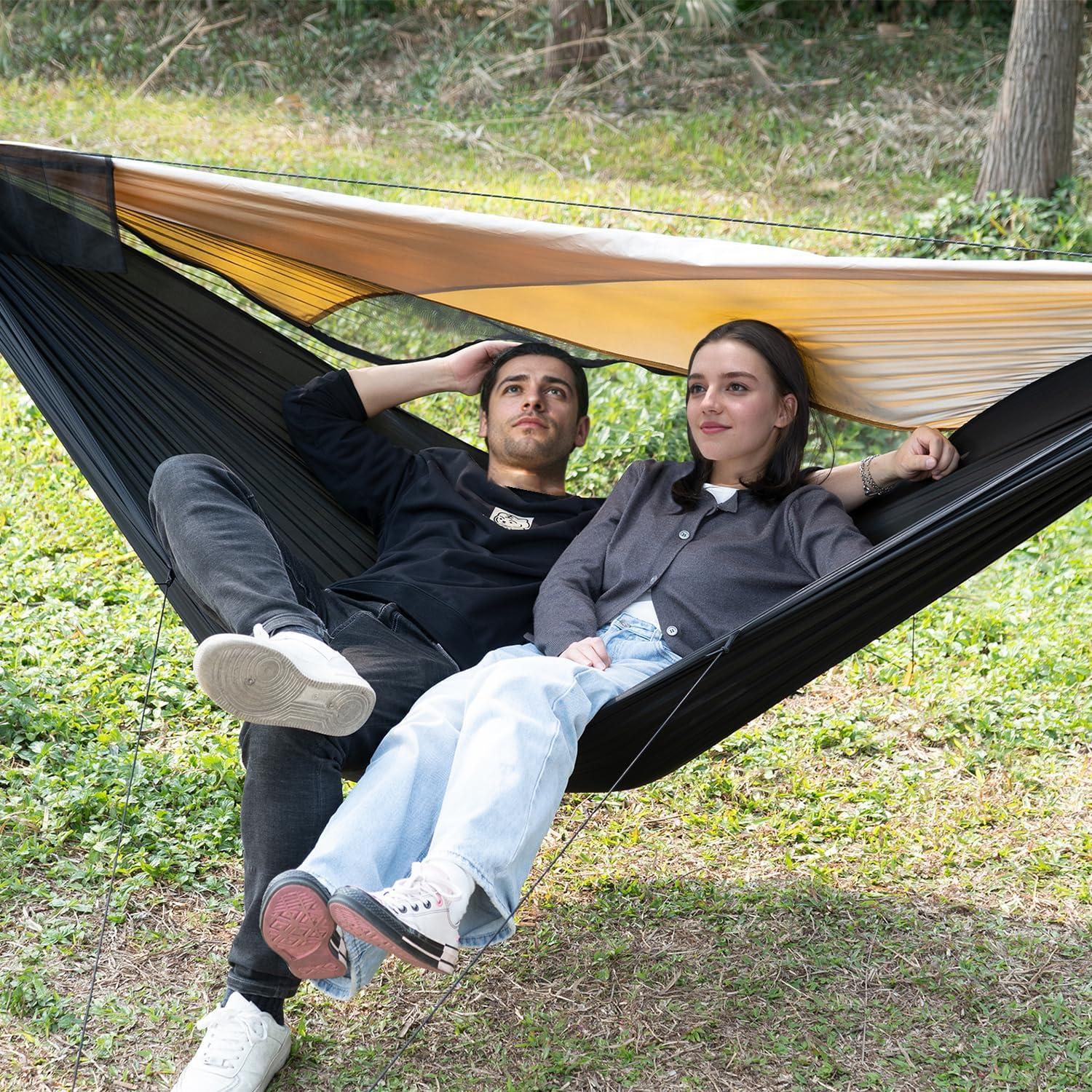 Hamaca de Acampada con Mosquitera y Quitasol, Hamacas Colgantes con Correas de Cuerda para Árboles, Hamaca de Viaje Ultra-Ligera y Portátiles para Exteriores, Senderismo y Viajes