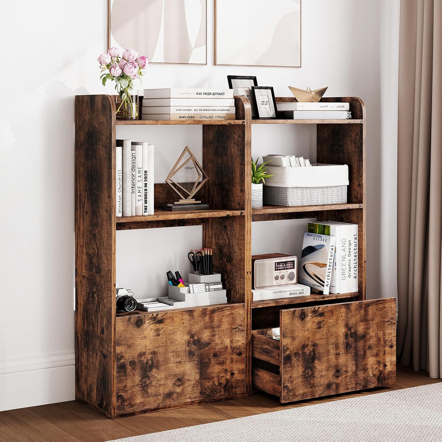 Giantex 4-Tier Bookshelf with Drawer, 41.5" Tall Bookcase with Open Shelf, 2 Anti-Tipping Kits, Freestanding Storage Cabinet Display Shelf for Living Room, Bedroom, Office, Rustic Brown