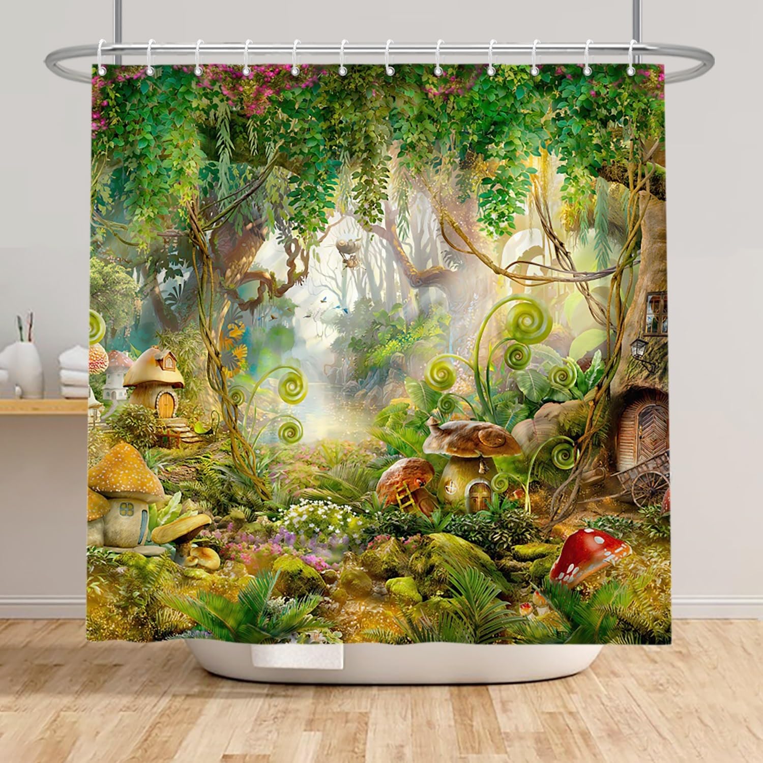 Xiaoterna Fairy Tale Forest Shower Curtain Mushroom Green Tree Grass Bathroom Curtain Spring Magic Enchanted Forest Fantastic Jungle Shower Curtain Machine Washable Waterproof Fabric 180x220cm - Image 3