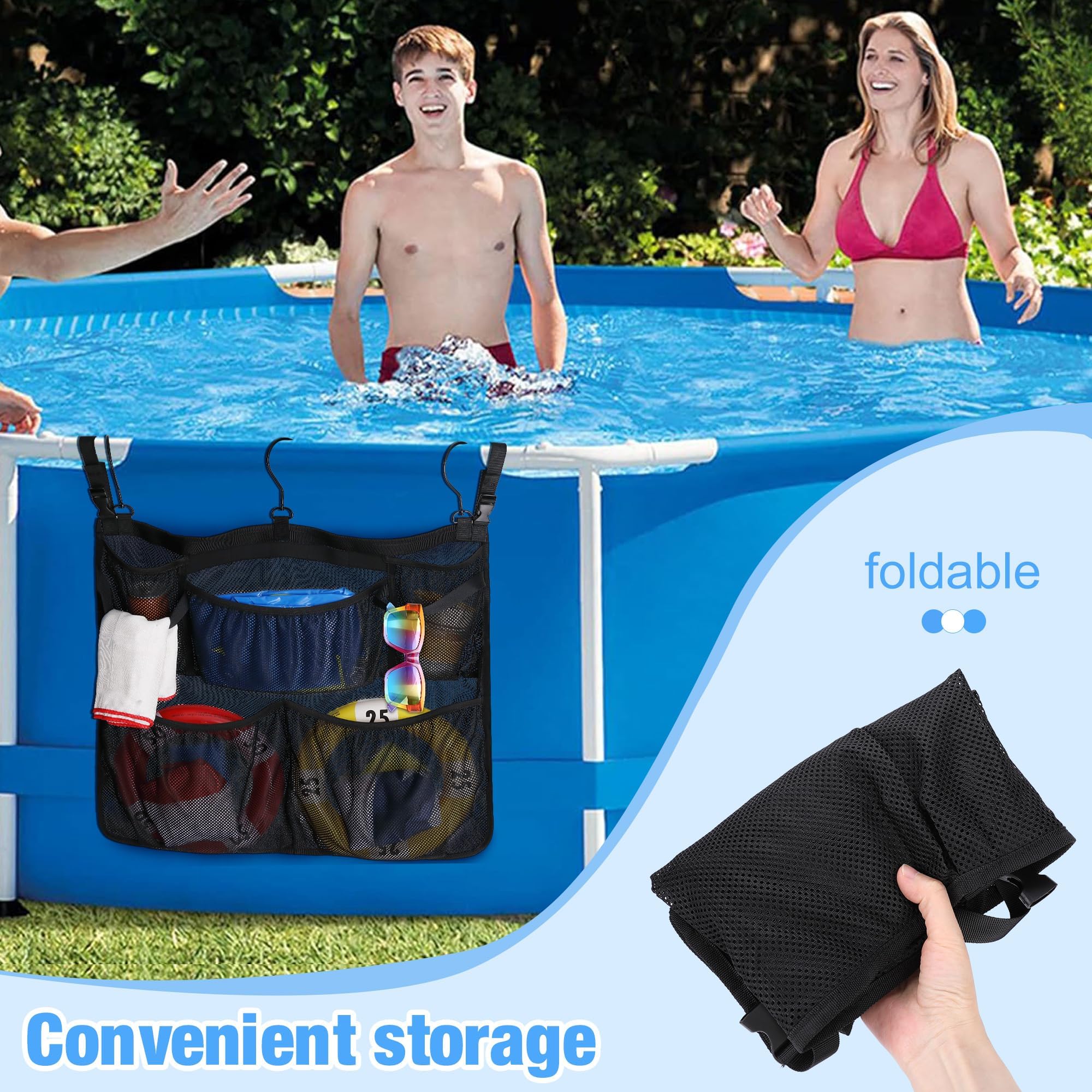 Pool Aufbewahrungstasche, Pool Aufbewahrungskorb, Pool Aufbewahrungsbox, Schwarz Schwimmbad Netztasche mit Haken, Pool Zubehör für Aufstellpool, Badezimmer